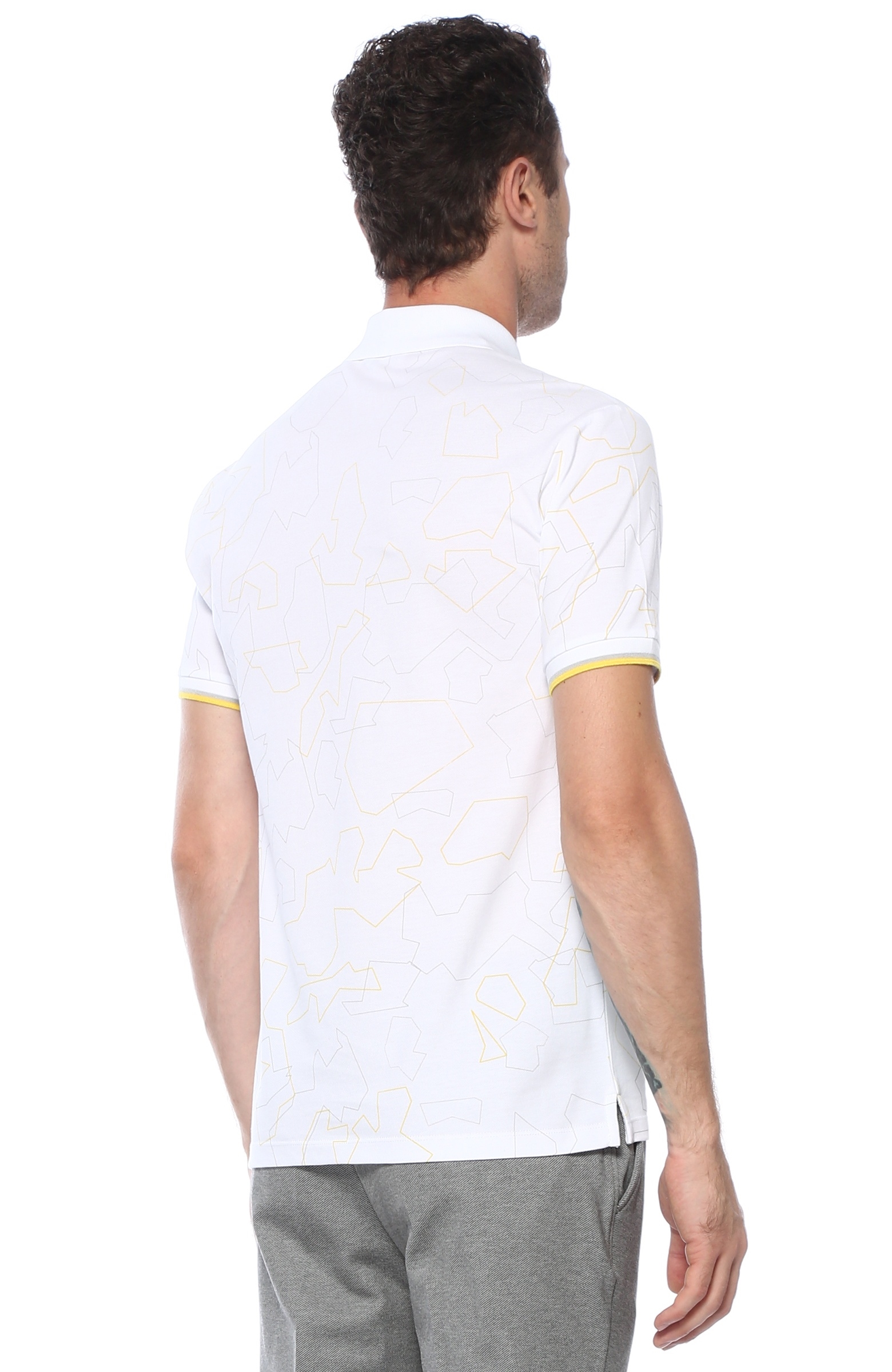 Slim Fit Beyaz Polo Yaka Geometrik Desenli T-shirt