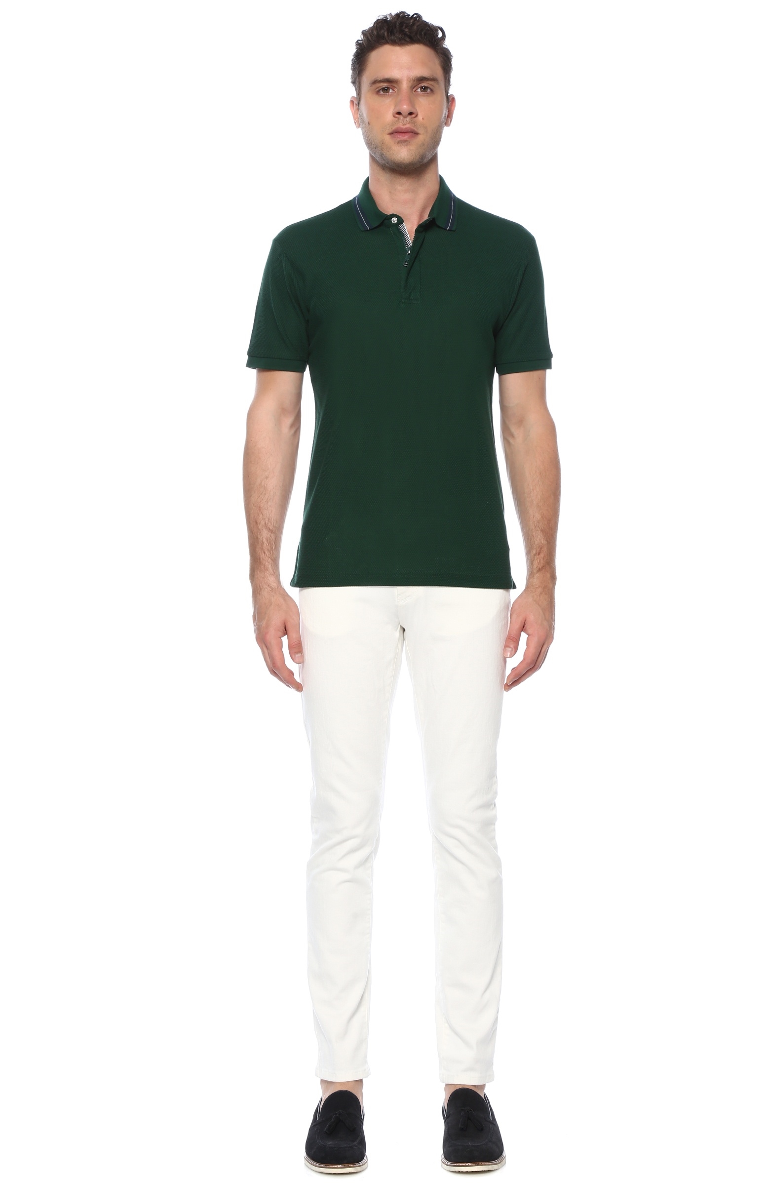 Slim Fit Yeşil Polo Yaka Jakarlı T-shirt