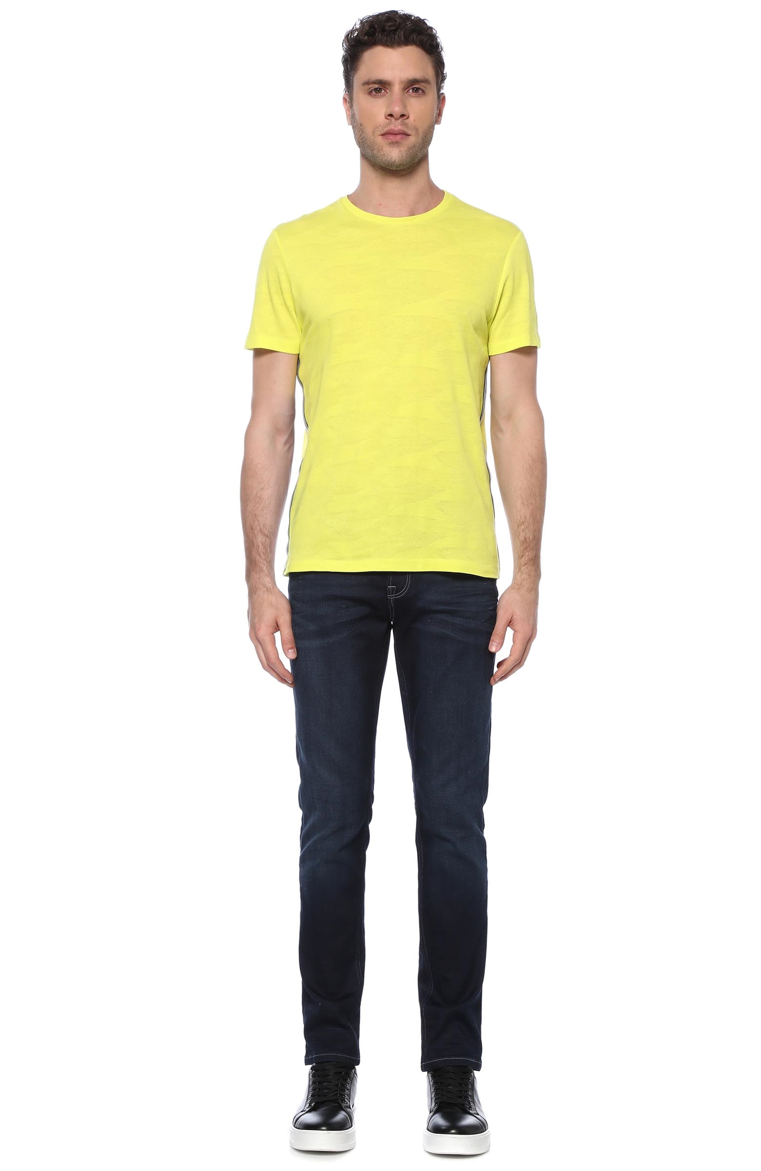 Slim Fit Sarı Bisiklet Yaka Basic T-shirt