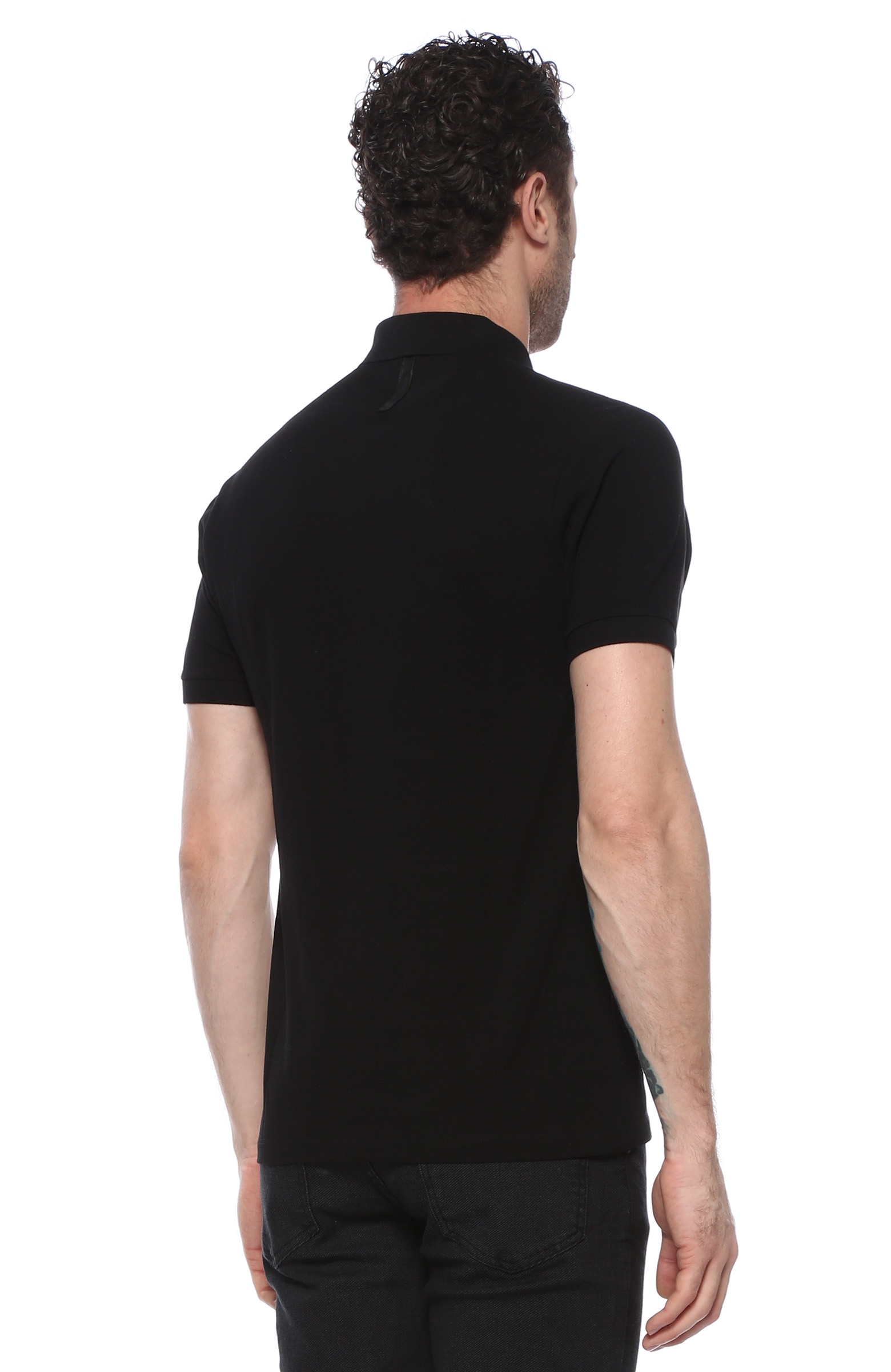Slim Fit Siyah Polo Yaka Patchli T-shirt