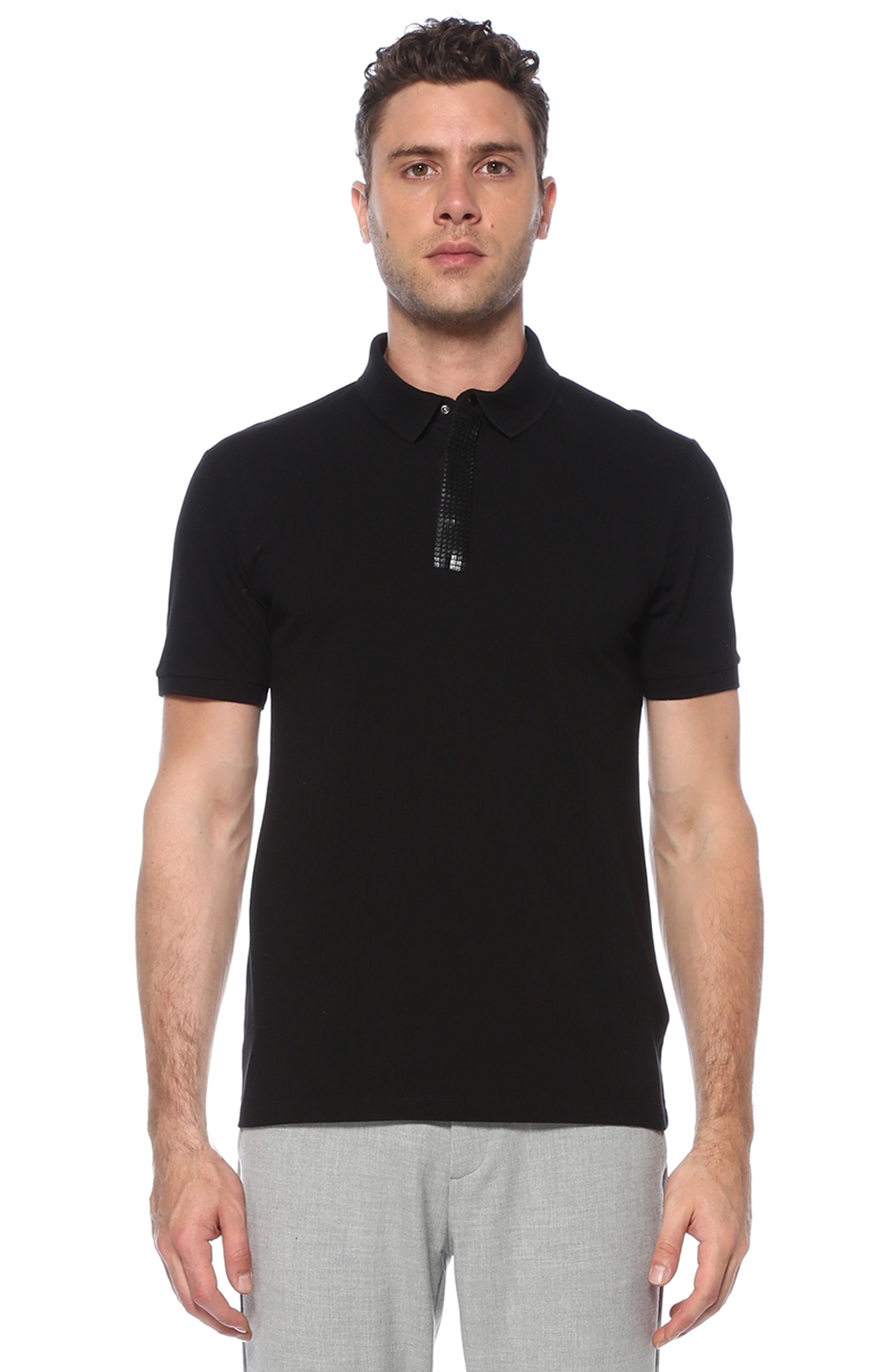 Slim Fit Siyah Polo Yaka Jakarlı T-shirt