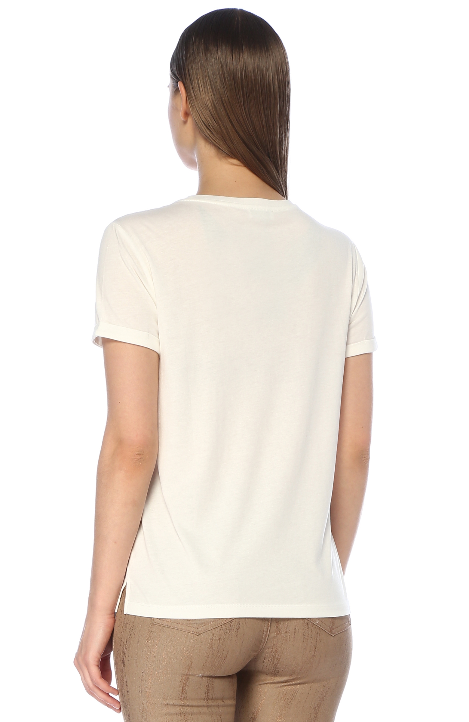 Beyaz Baskılı Pul İşlemli T-shirt
