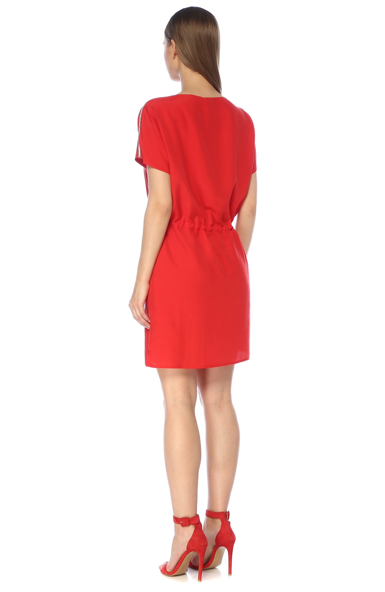 Kırmızı V Yaka Beli Büzgülü Midi Elbise