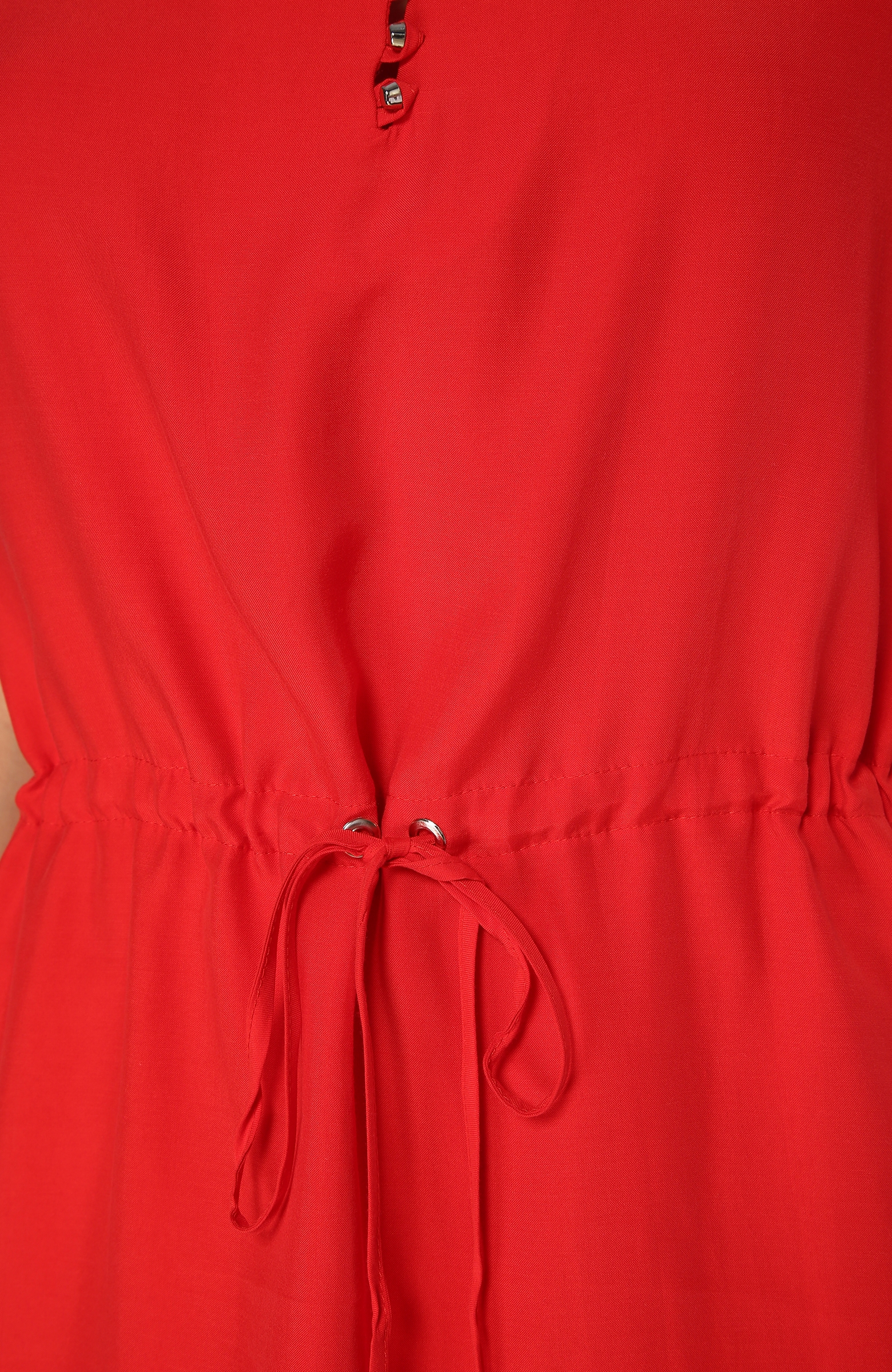 Kırmızı V Yaka Beli Büzgülü Midi Elbise