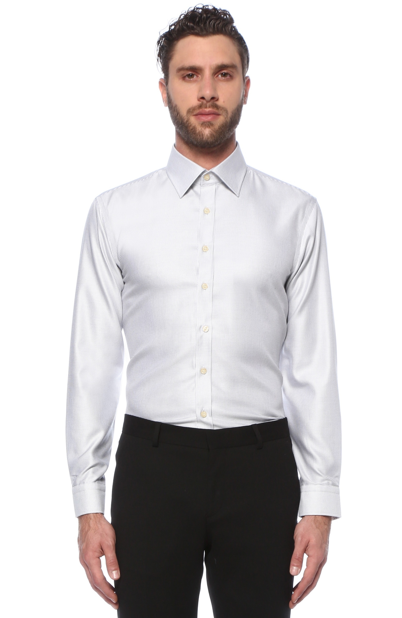 Slim Fit Beyaz Siyah İtalyan Yaka Desenli Gömlek