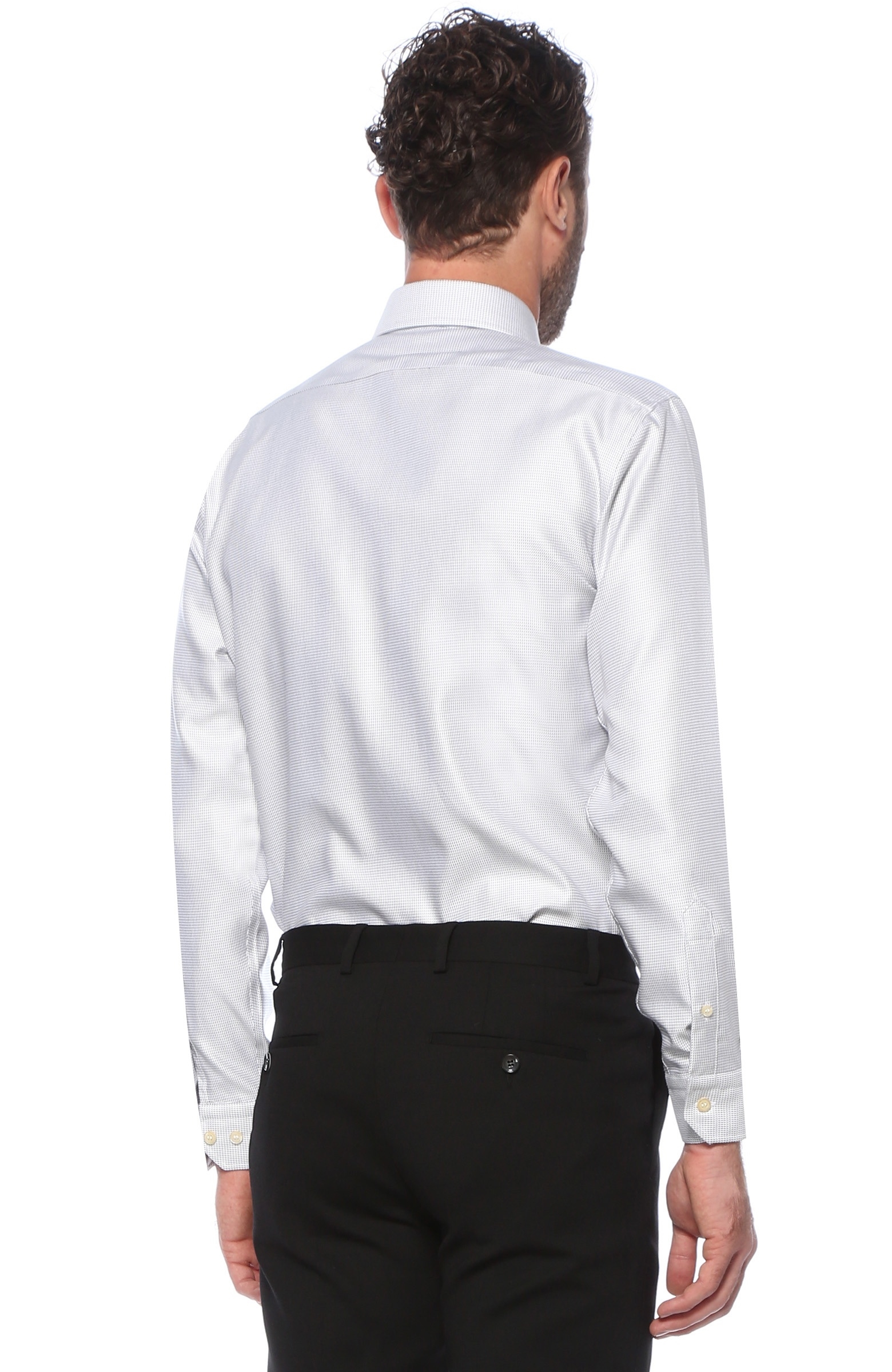 Slim Fit Beyaz Siyah İtalyan Yaka Desenli Gömlek