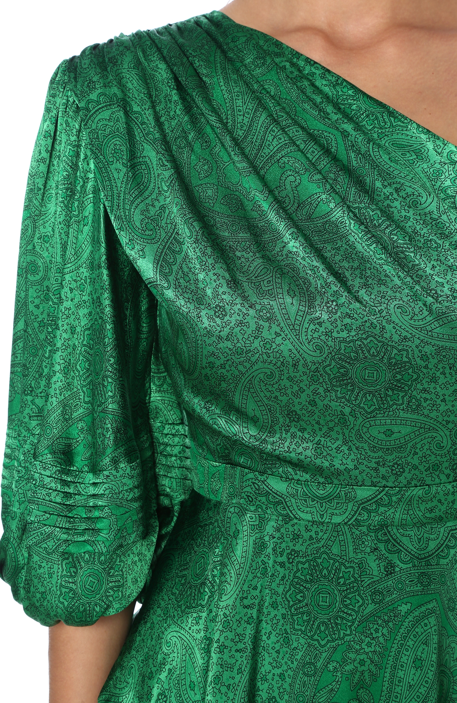 Yeşil Şal Desenli Tek Kol Mini Elbise