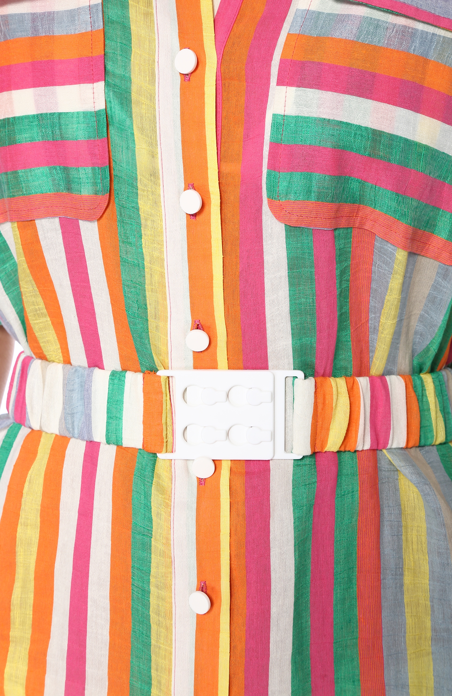 Renkli Çizgili Kemerli Mini Gömlek Elbise
