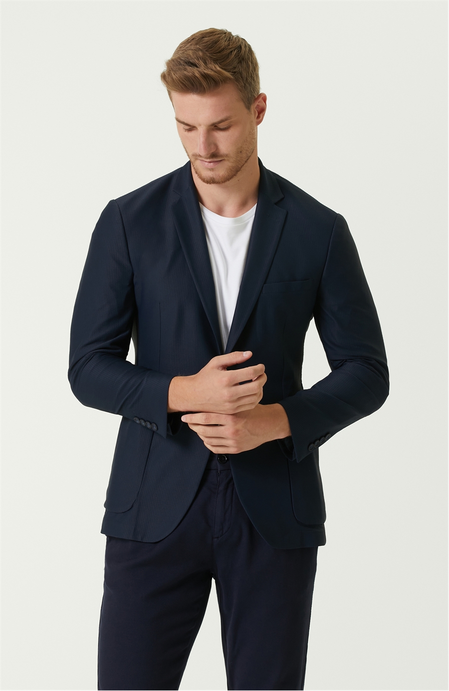 Drop 6 Slim Fit Lacivert Kelebek Yaka Jersey Ceket