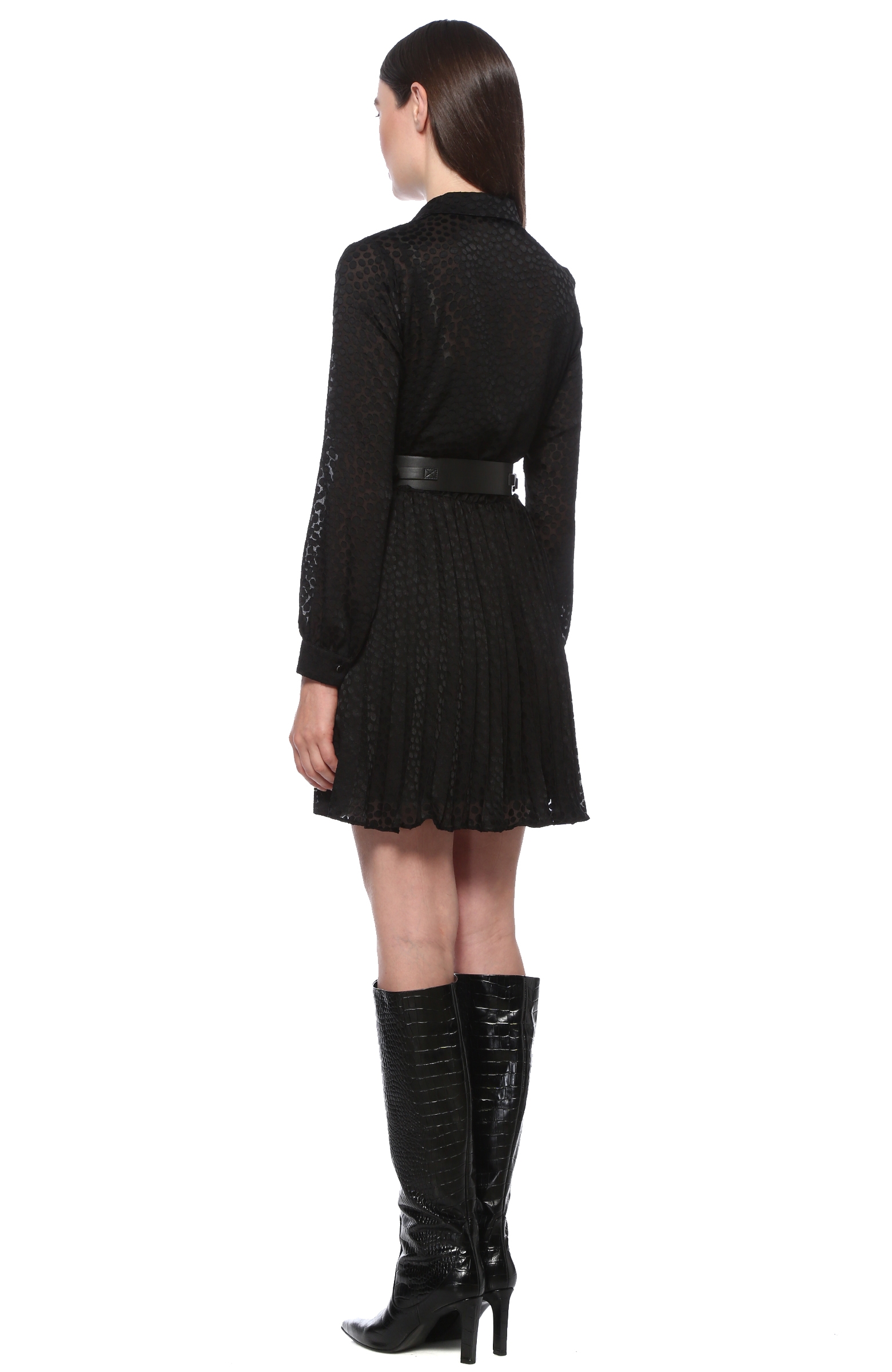 Siyah V Yaka Kemer Detaylı Mini Elbise