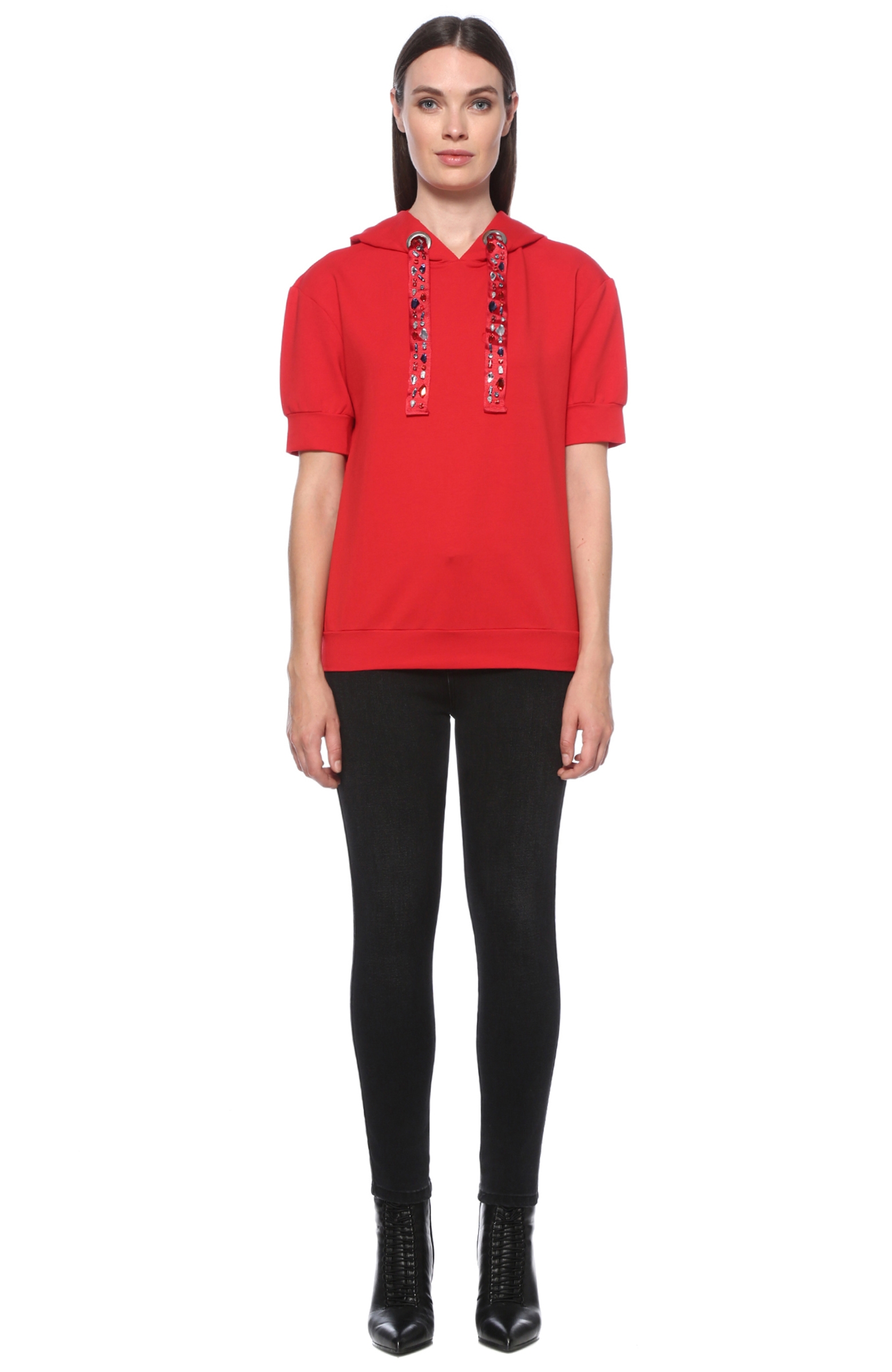 Kırmızı Kapüşonlu Taş İşlemeli Sweatshirt