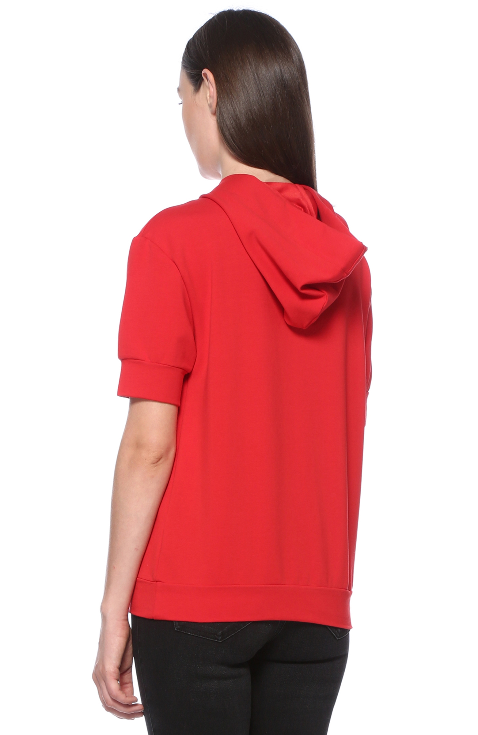 Kırmızı Kapüşonlu Taş İşlemeli Sweatshirt
