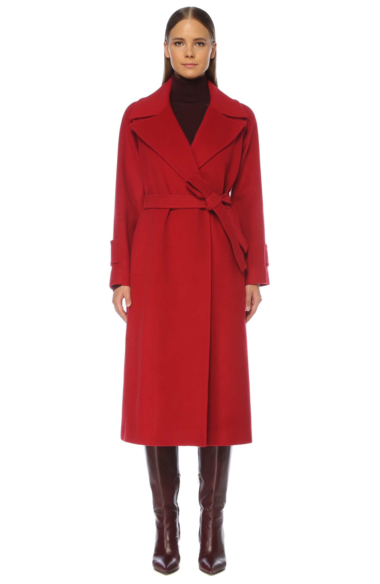 Kırmızı Kuşak Detaylı Yün Palto