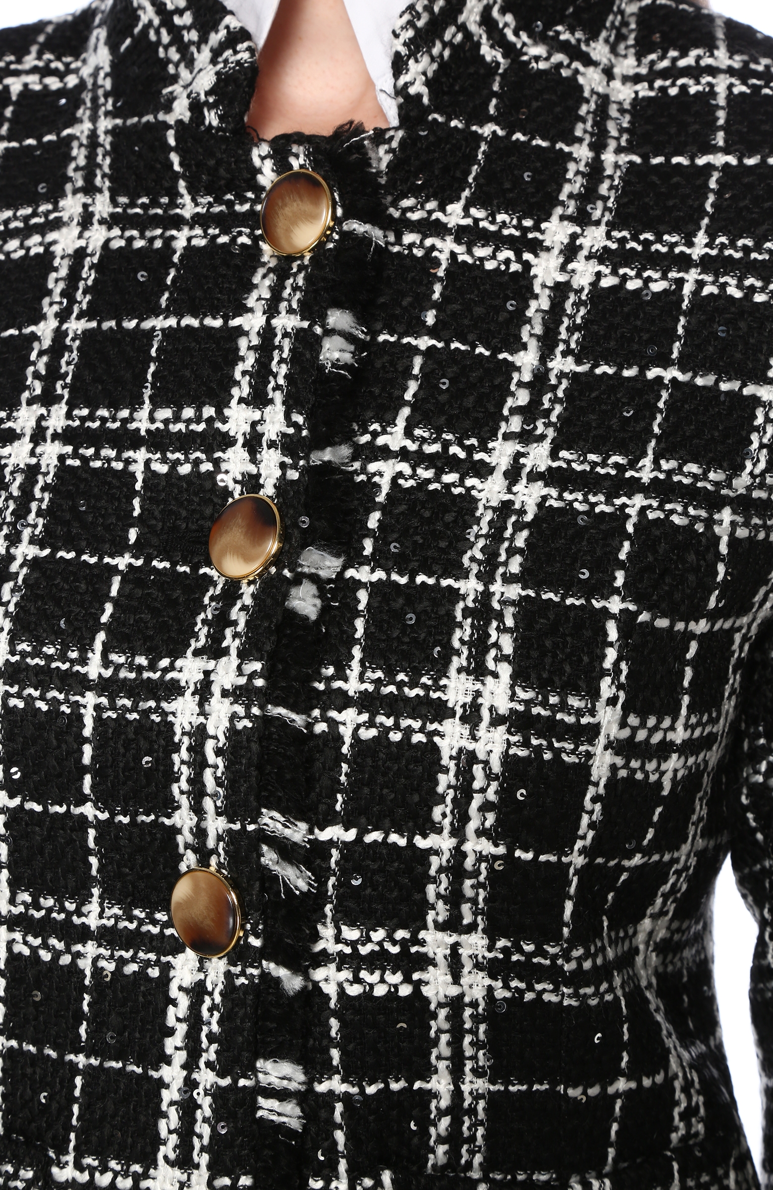 Siyah Beyaz Ekoseli Tweed Dokulu Ceket