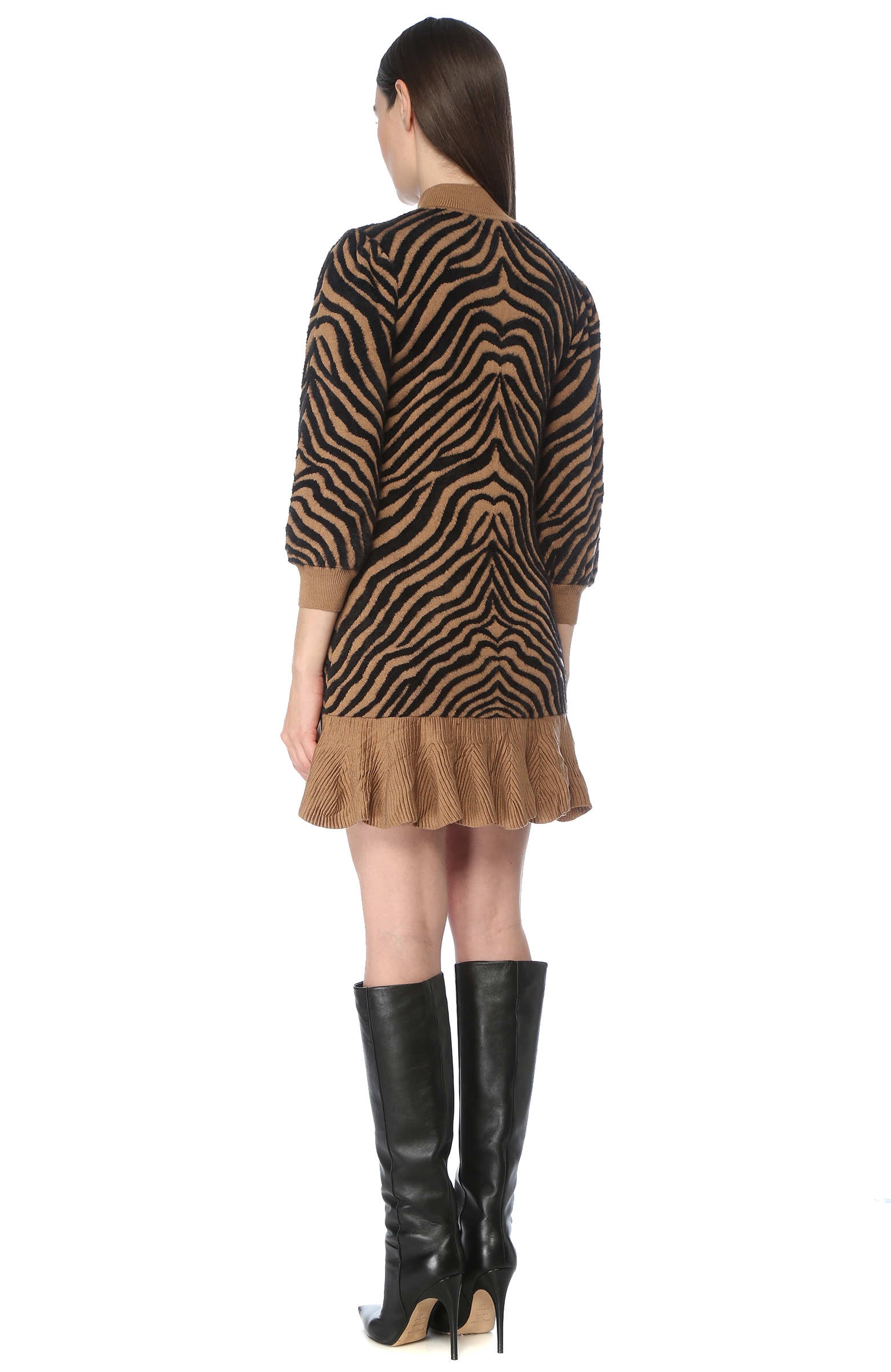 Bej Zebra Desenli Fırfırlı Mini Elbise