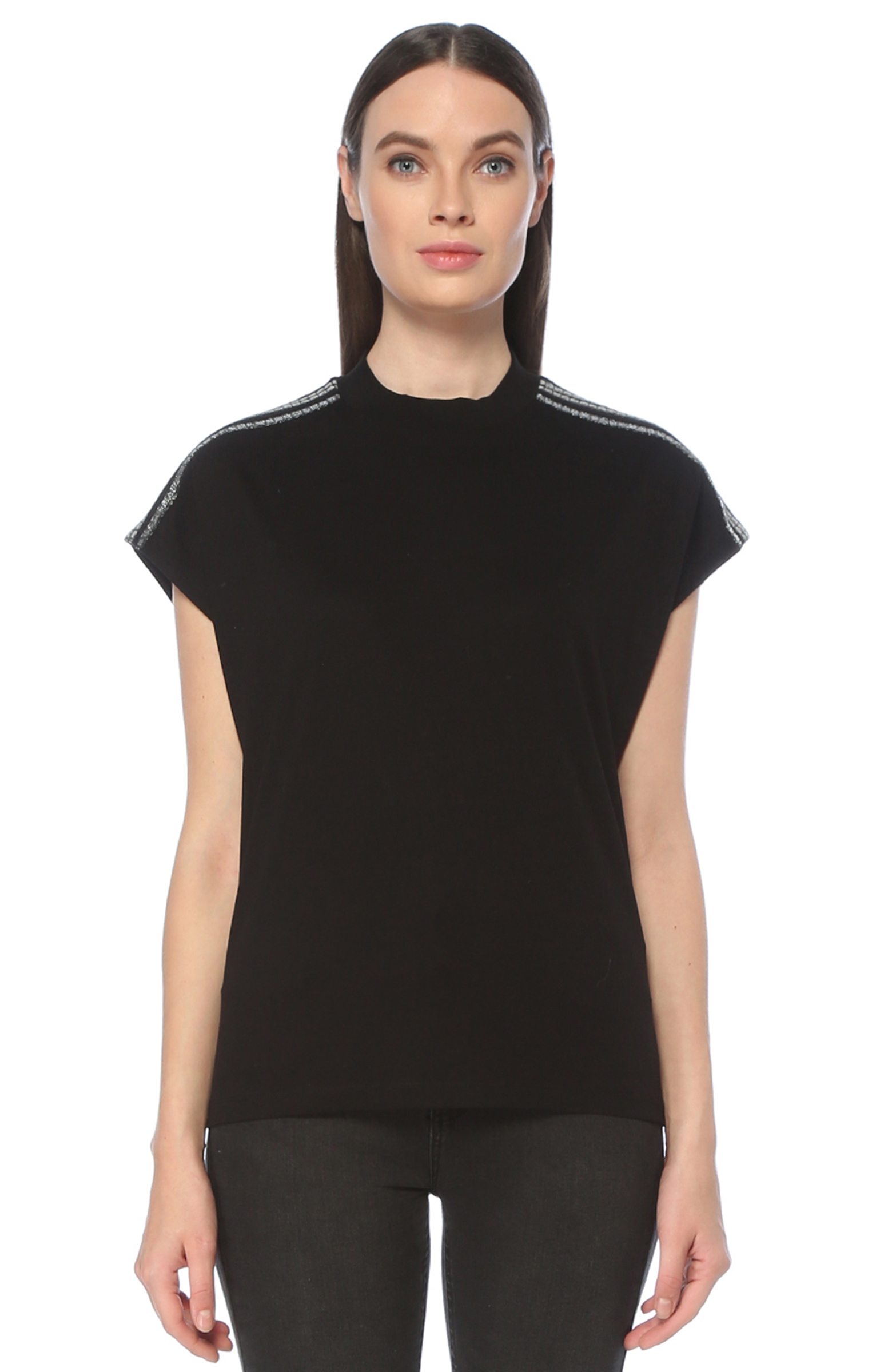 Siyah Omuzları Şeritli Basic T-shirt