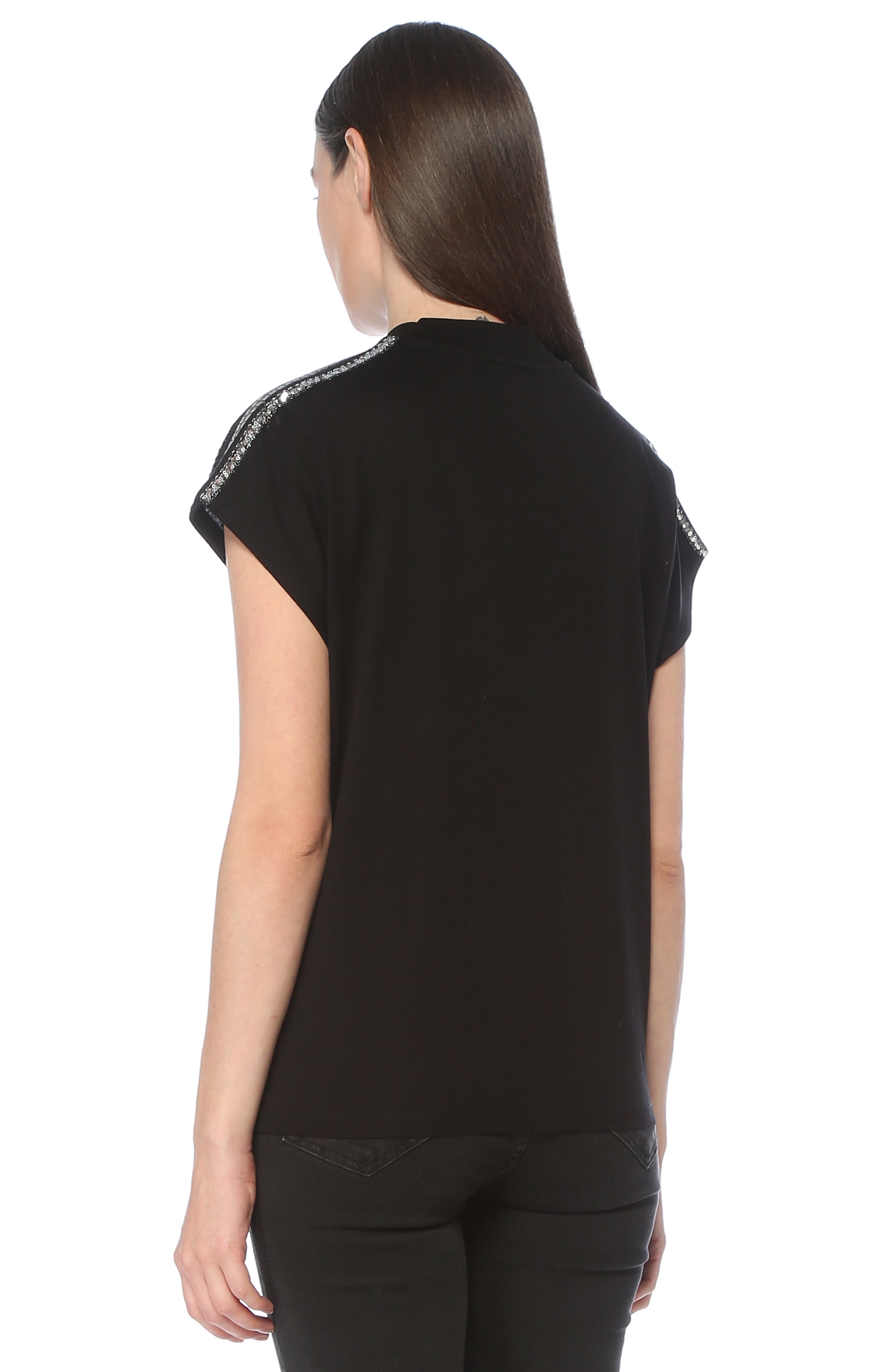 Siyah Omuzları Şeritli Basic T-shirt