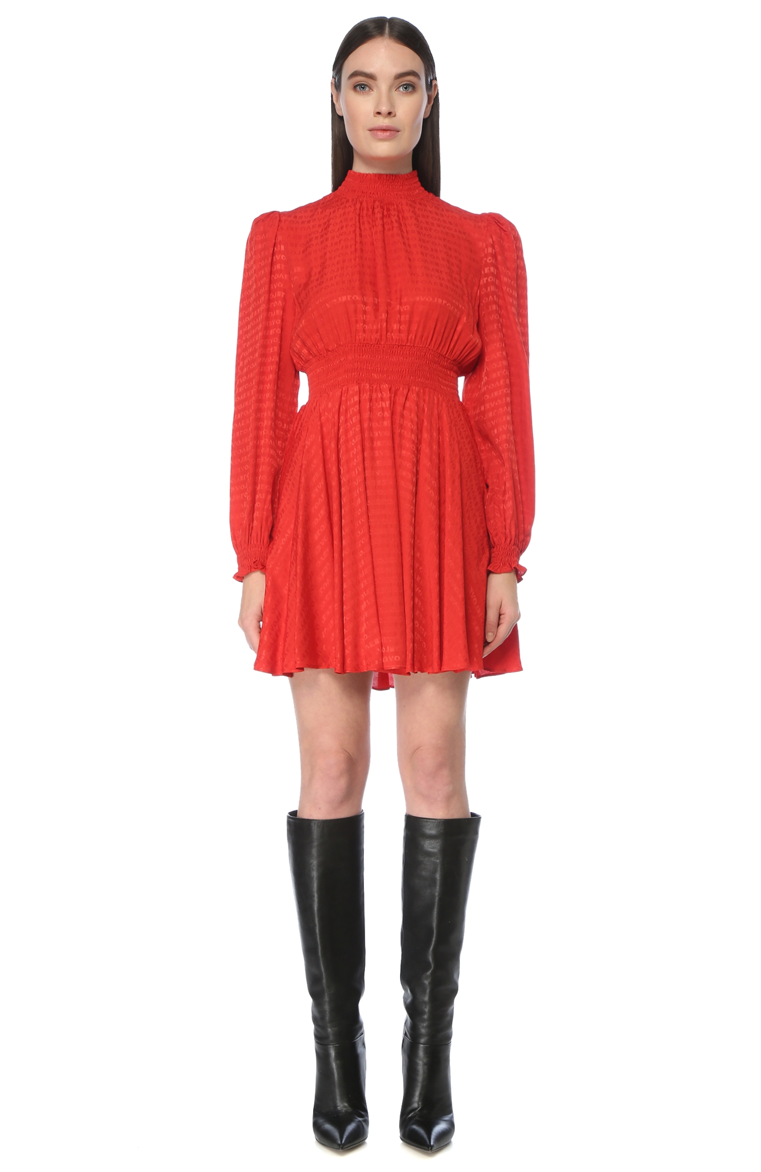 Kırmızı Yazı Jakarlı Mini Elbise