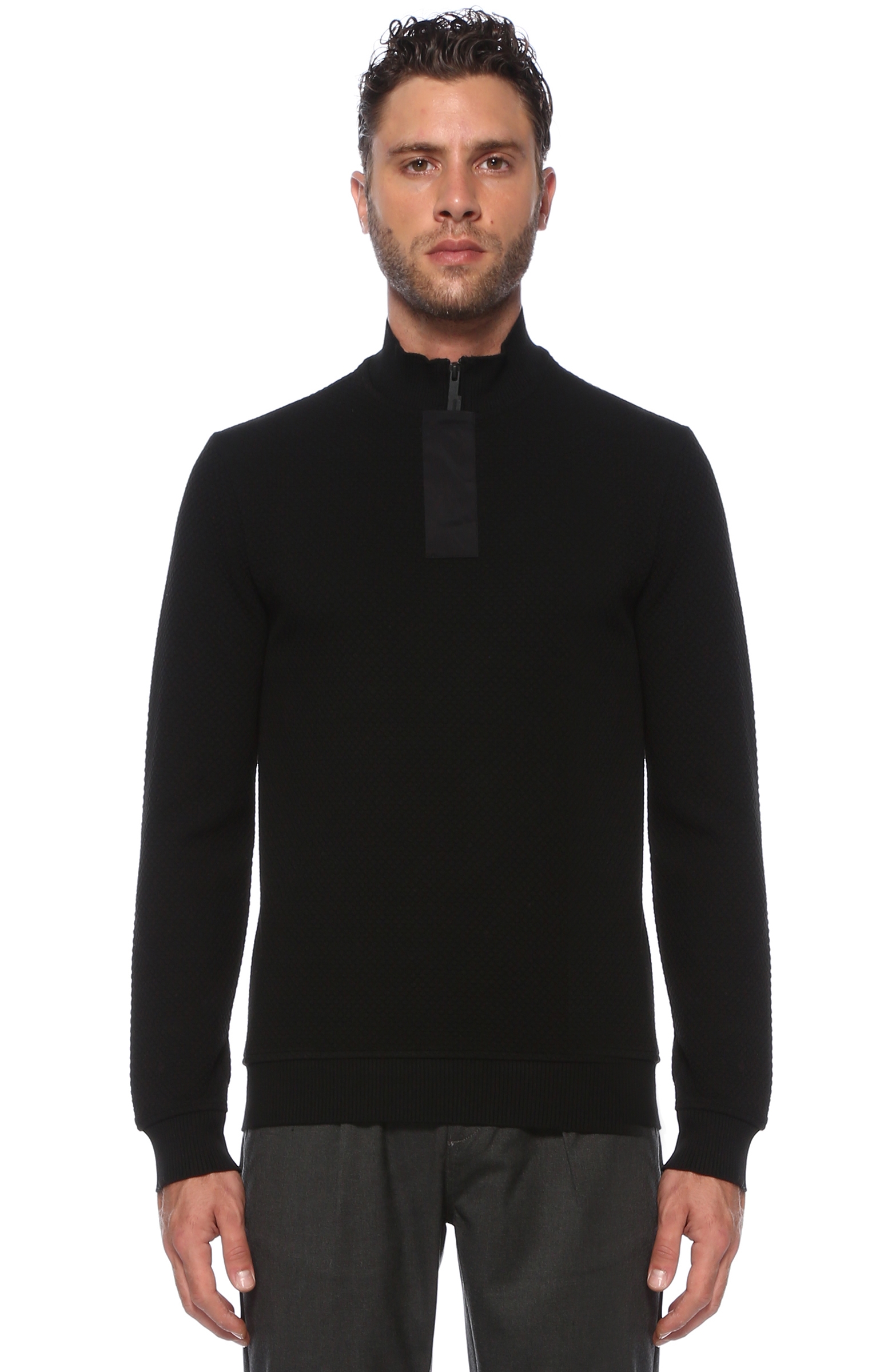 Slim Fit Siyah Fermuar Detaylı Sweatshirt
