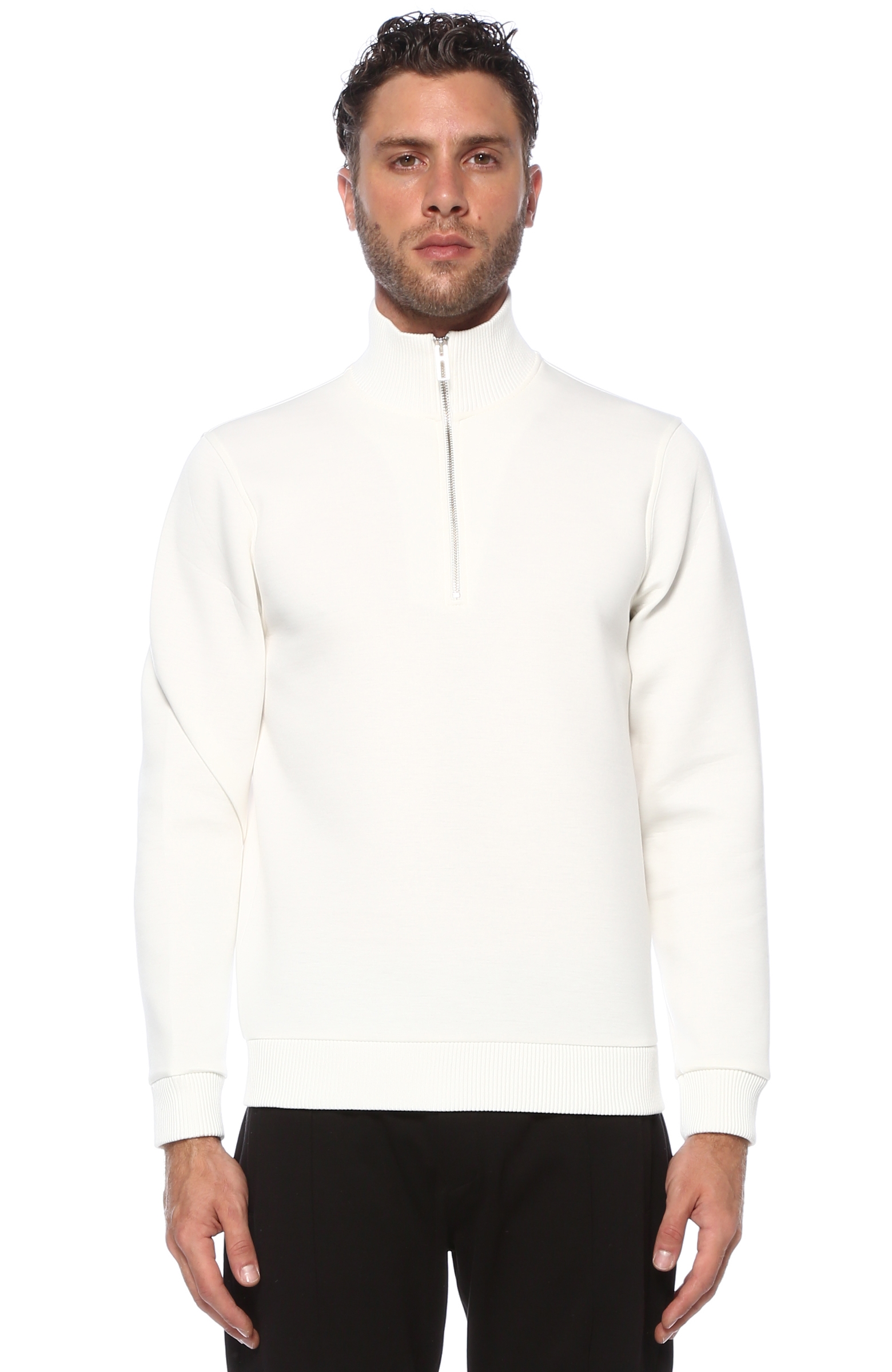 Slim Fit Beyaz Dik Yakalı Sweatshirt