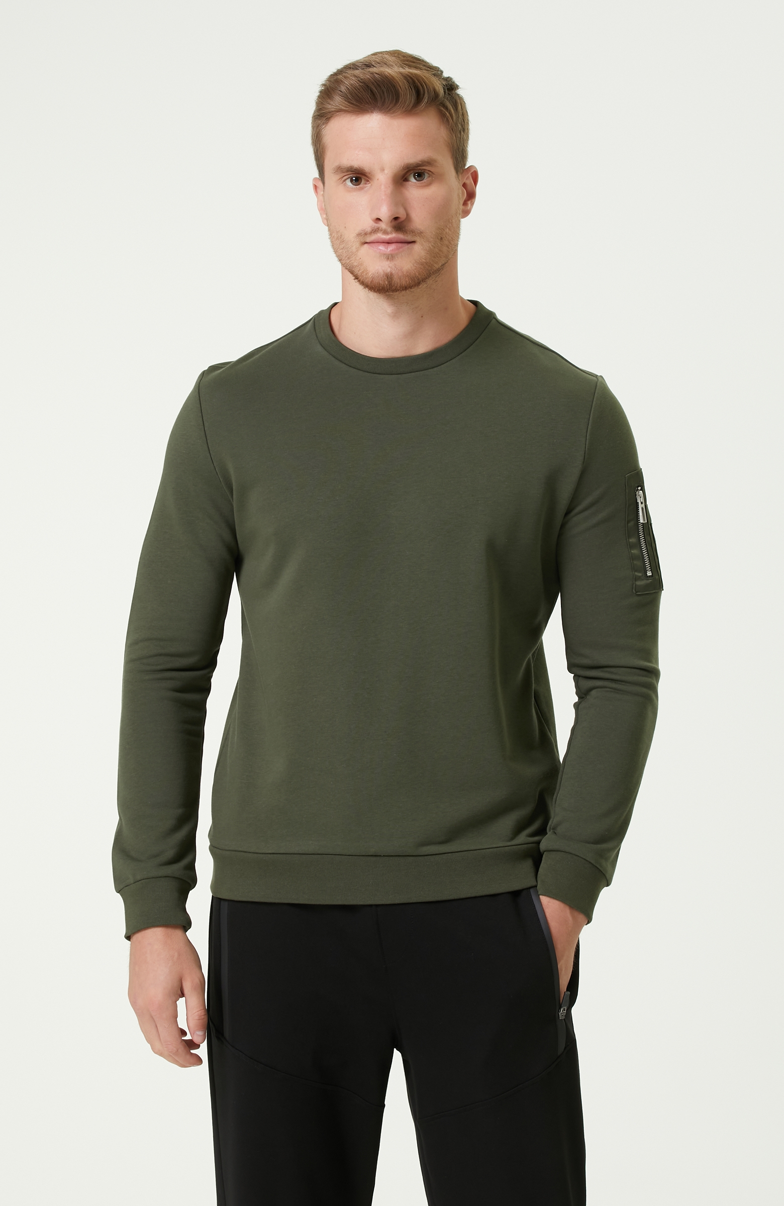 Slim Fit Haki Cep Detaylı Sweatshirt