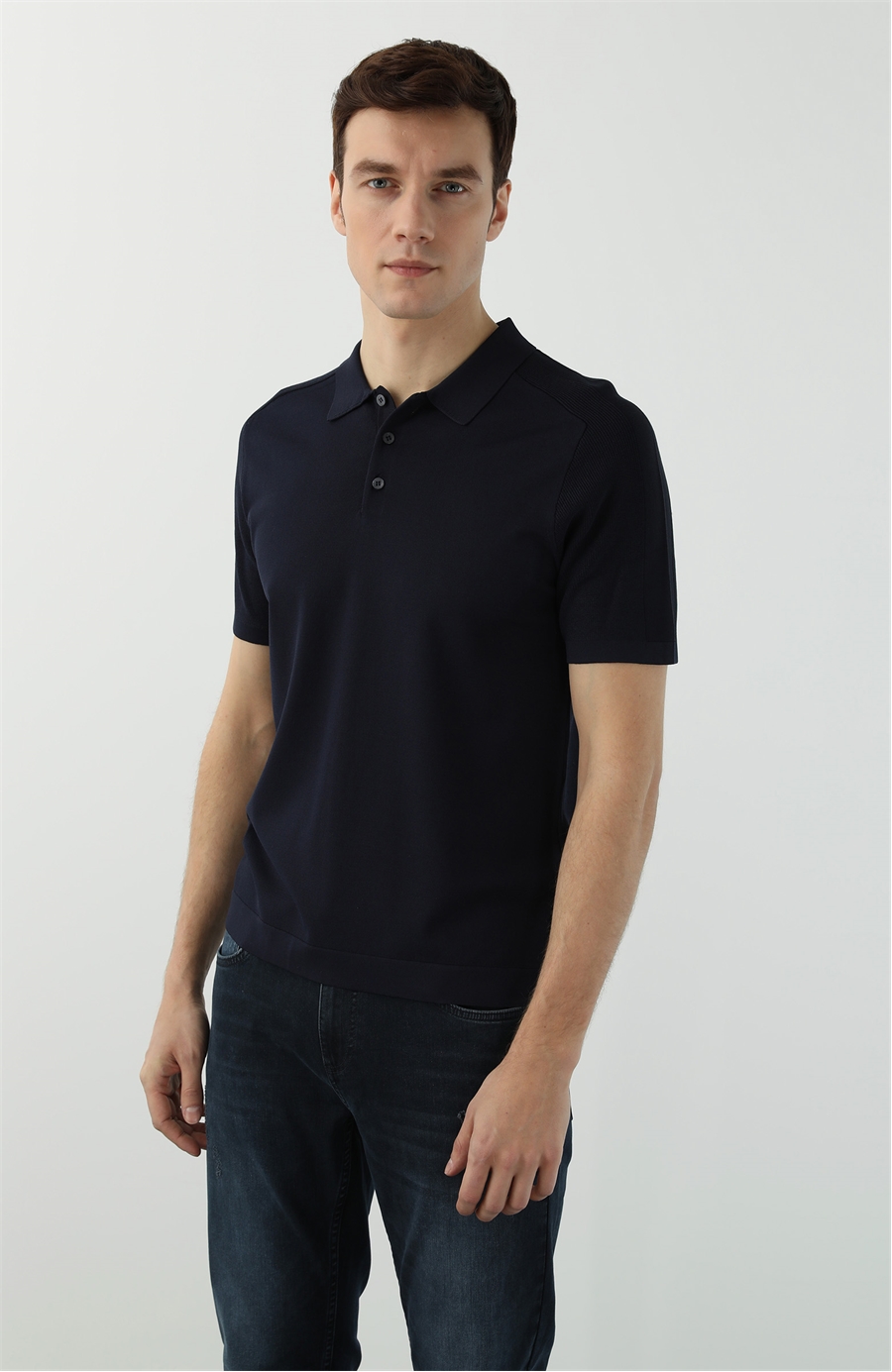 Slim Fit Lacivert Polo Yaka Kısa Kollu Kazak