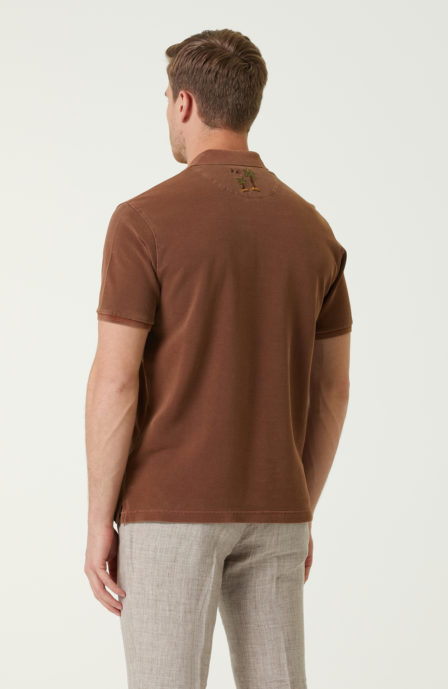 Slim Fit Kahverengi Polo Yaka Nakışlı T-shirt