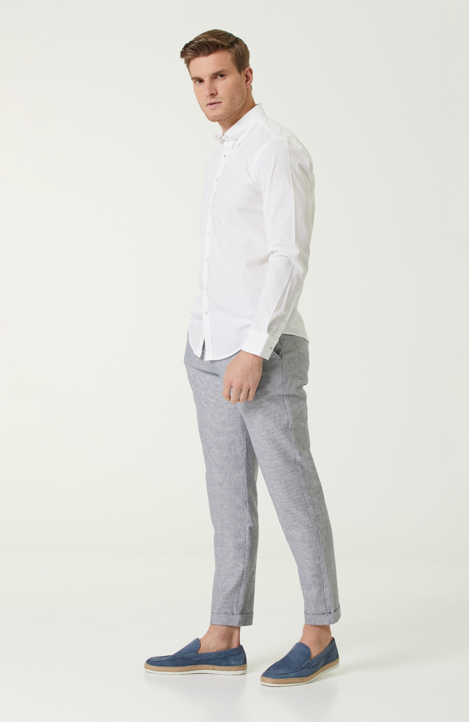 Slim Fit Drop 6 Beyaz Lacivert Çizgili Pantolon