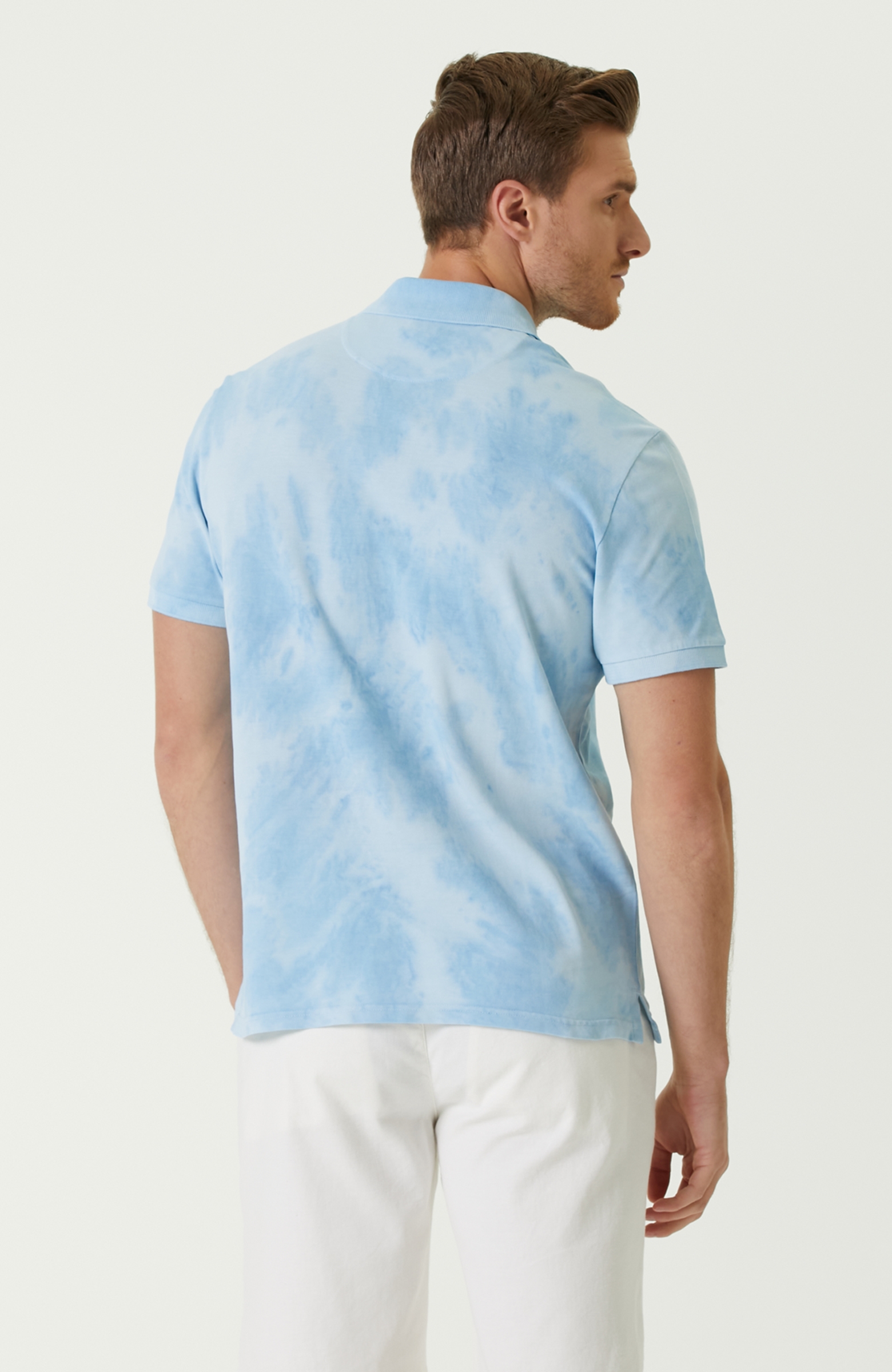 Comfort Fit Mavi Polo Yaka Batik Desenli T-shirt