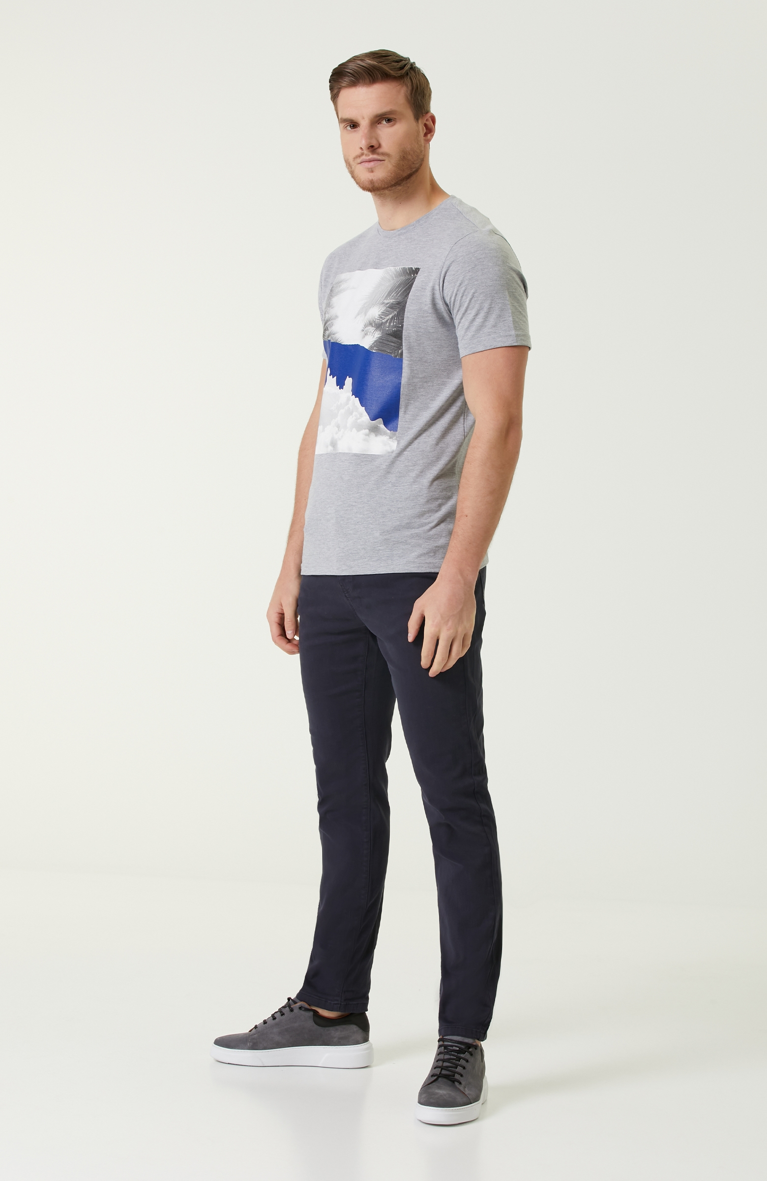 Slim Fit Gri Karışık Baskılı Basic T-shirt
