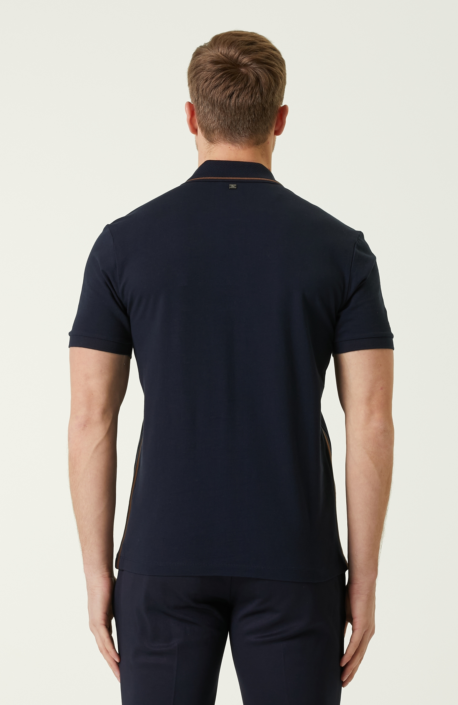 Slim Fit Lacivert Polo Yaka Şeritli T-shirt