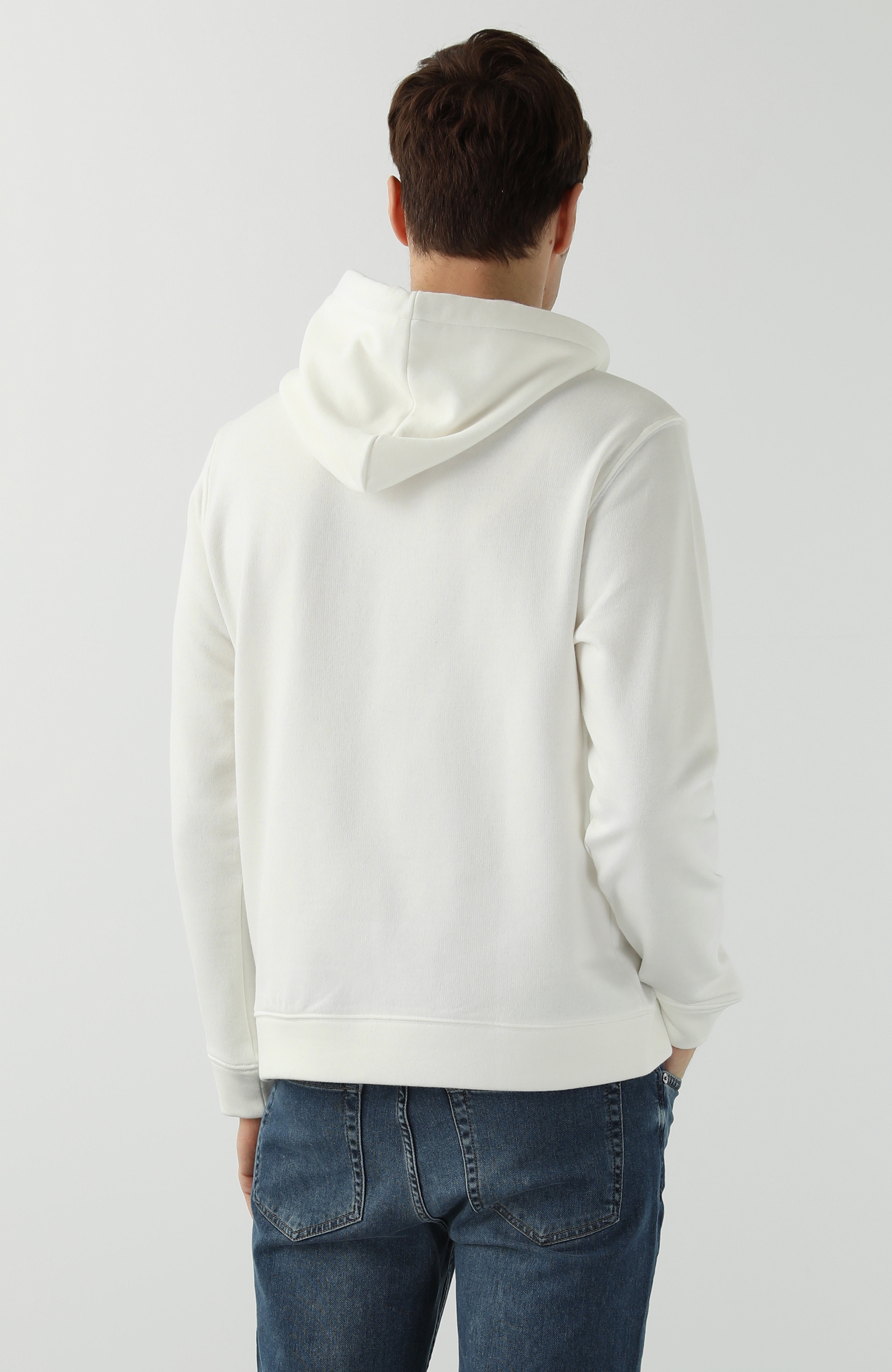 Slim Fit Beyaz Kapüşonlu Baskılı Sweatshirt