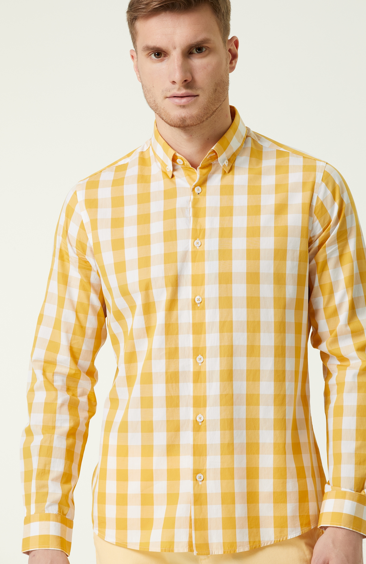 Comfort Fit Sarı Kareli Gömlek