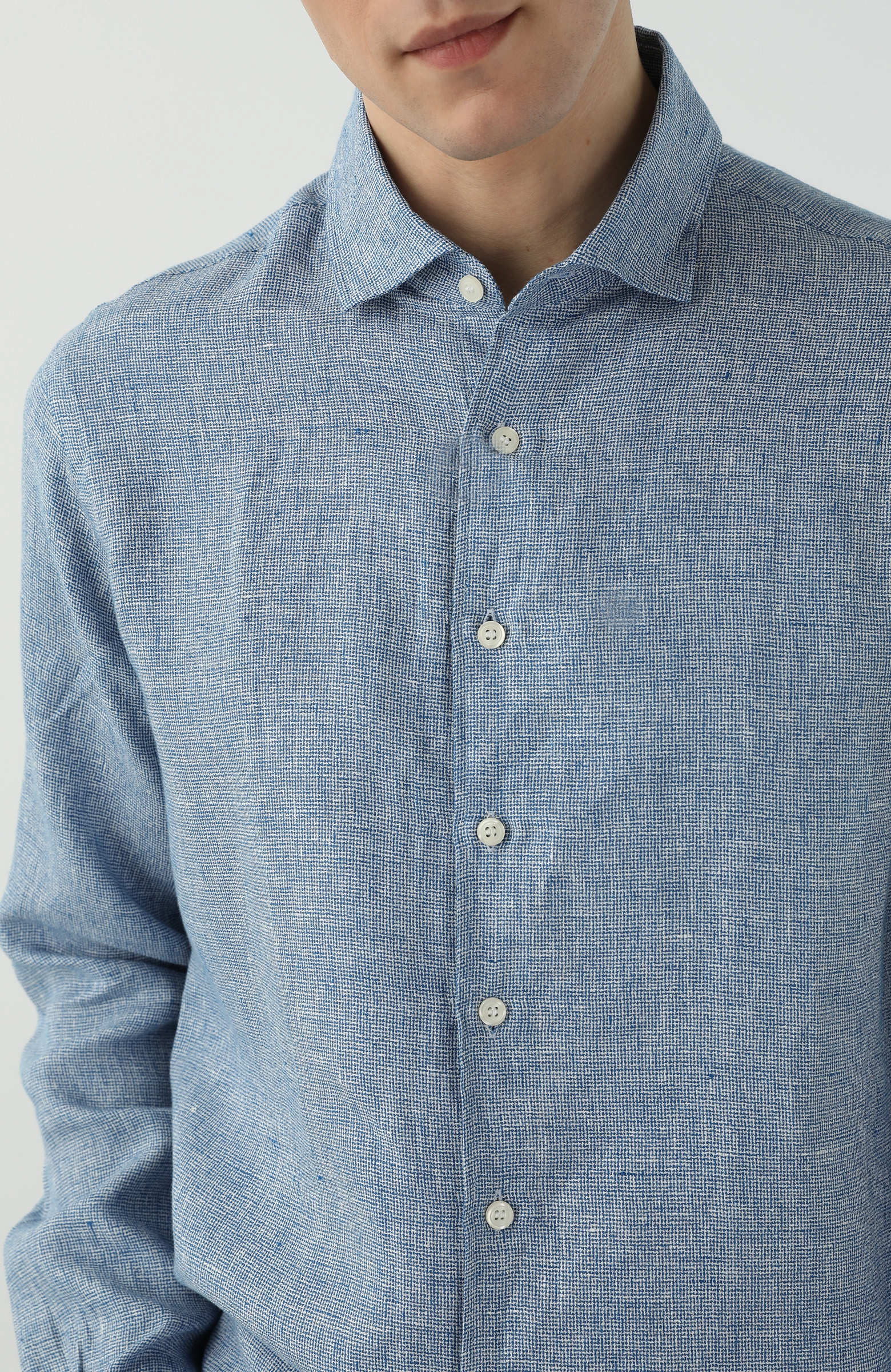 Comfort Fit Mavi Yarı İtalyan Yaka Keten Gömlek