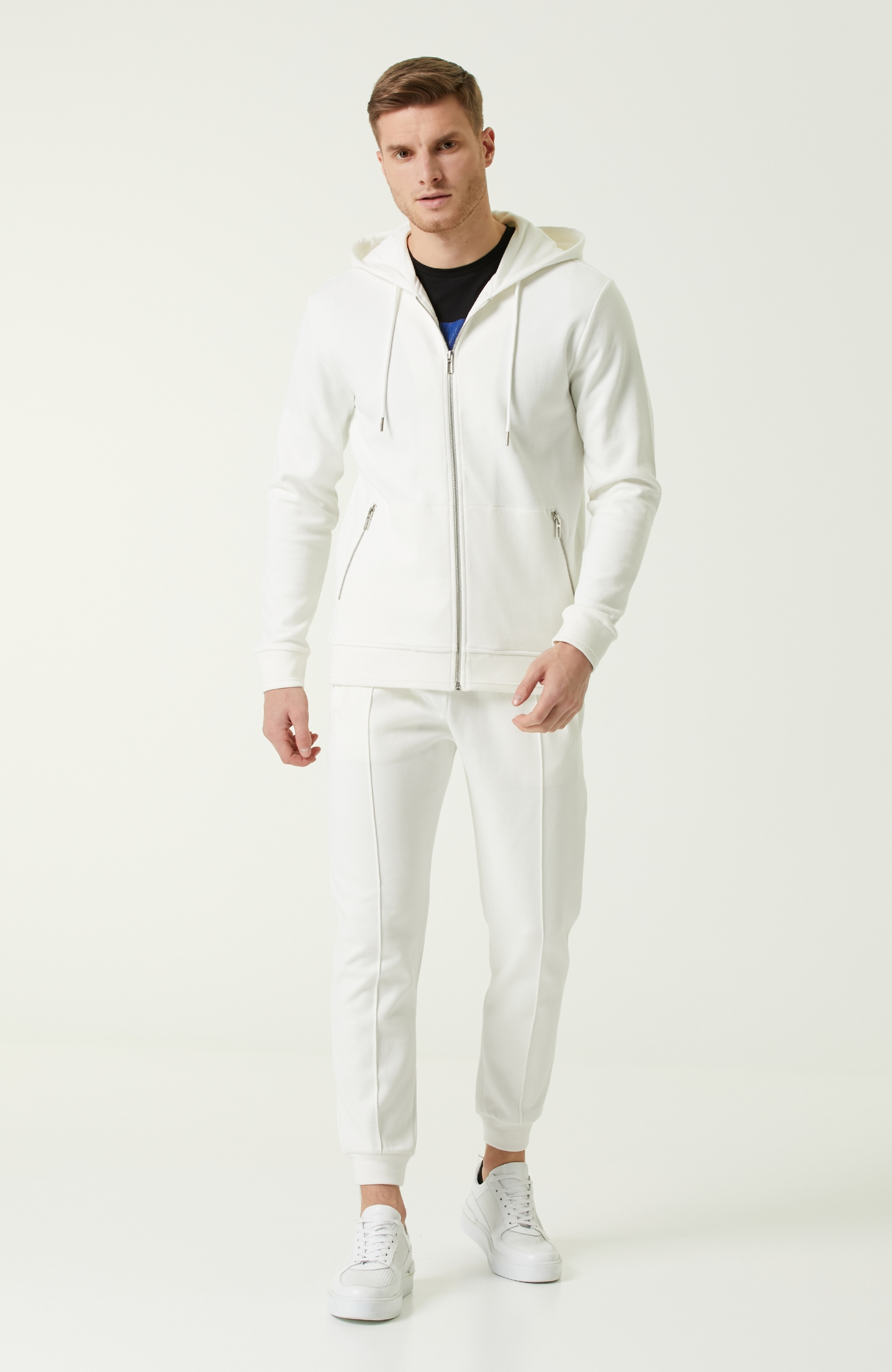 Comfort Fit Beyaz Kapüşonlu Sweatshirt