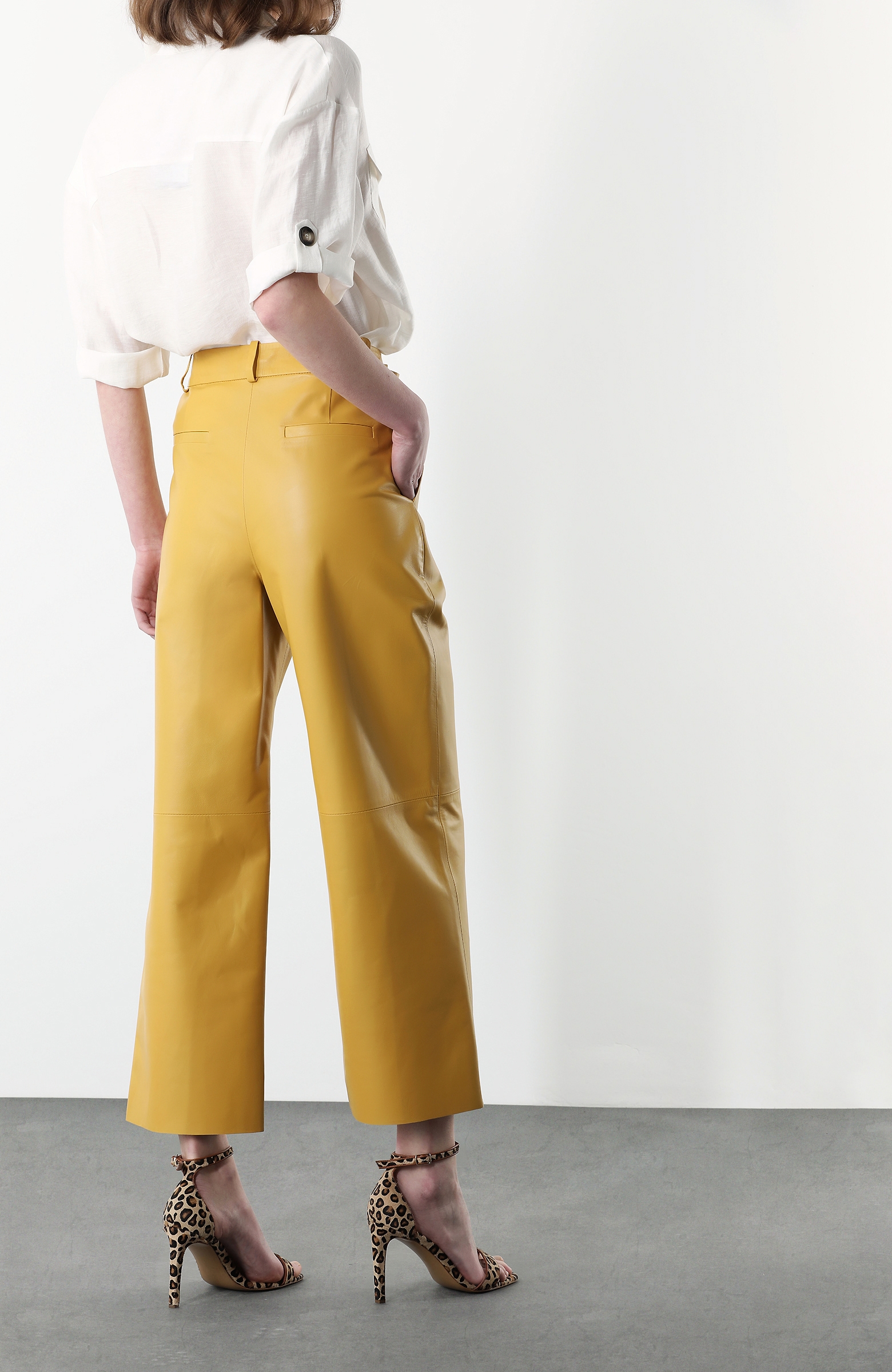 Sarı Bol Paça Deri  Pantolon