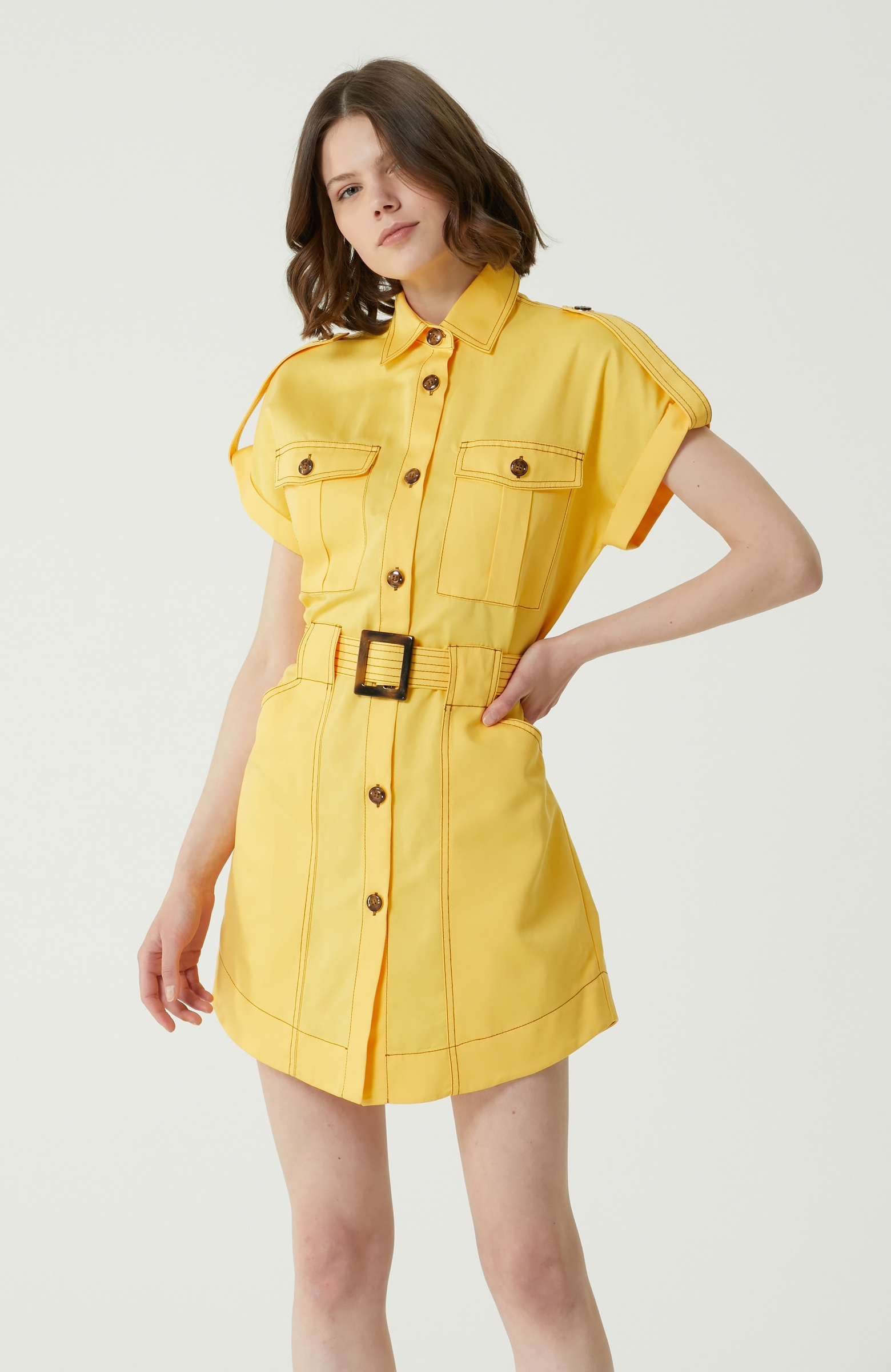 Sarı Dekoratif Dikişli Mini Elbise
