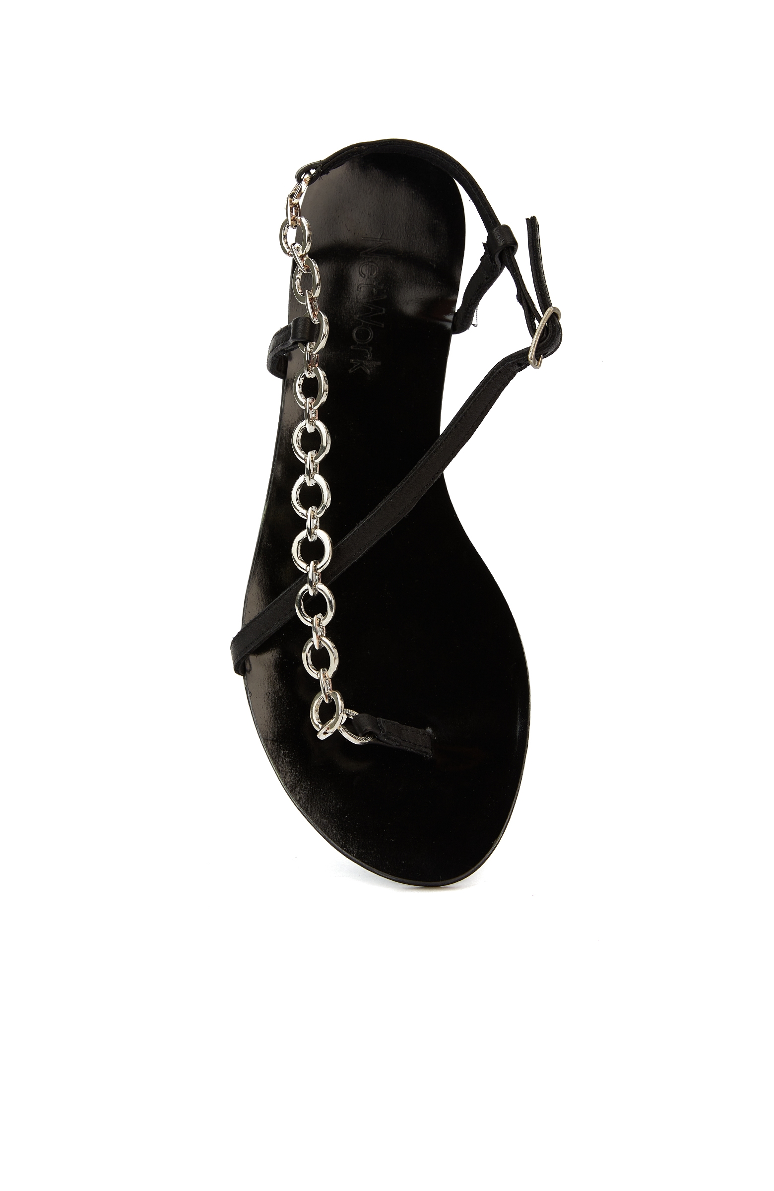 Siyah Zincir Detaylı Kadın Deri Sandalet