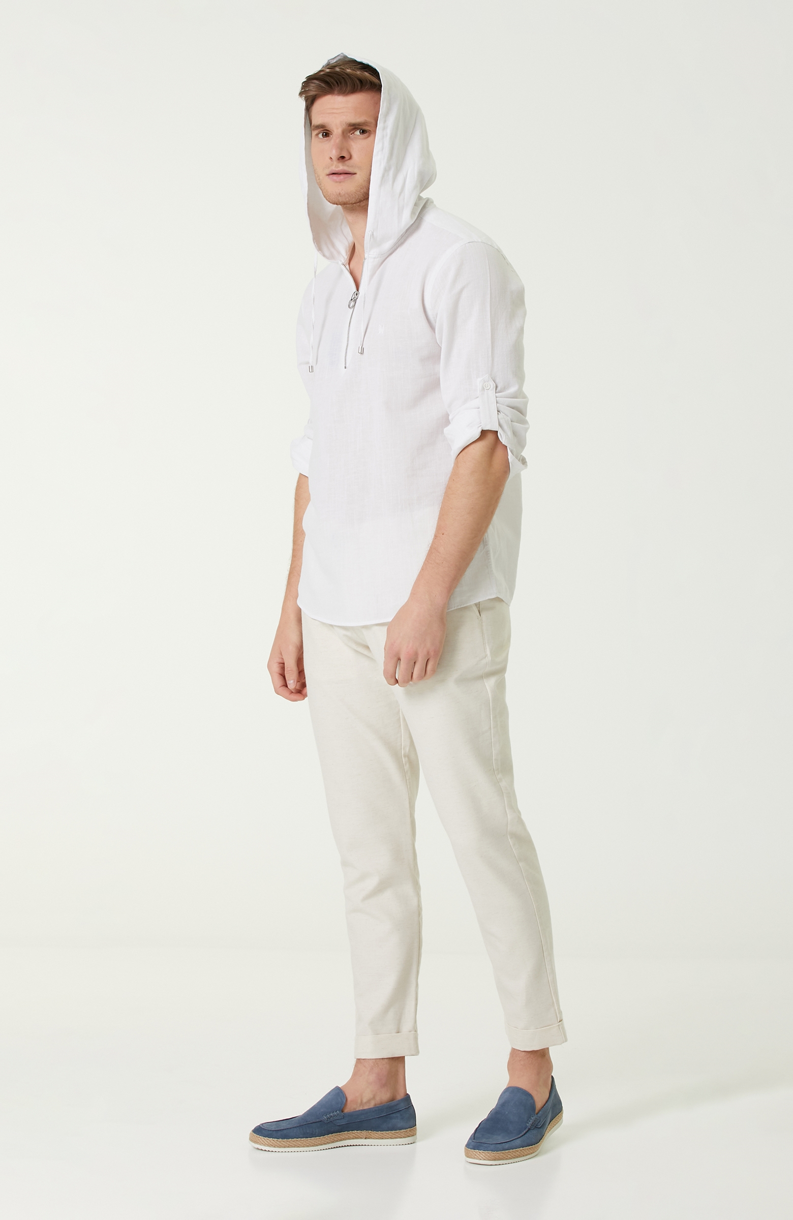 Slim Fit Beyaz Kapüşonlu Gömlek