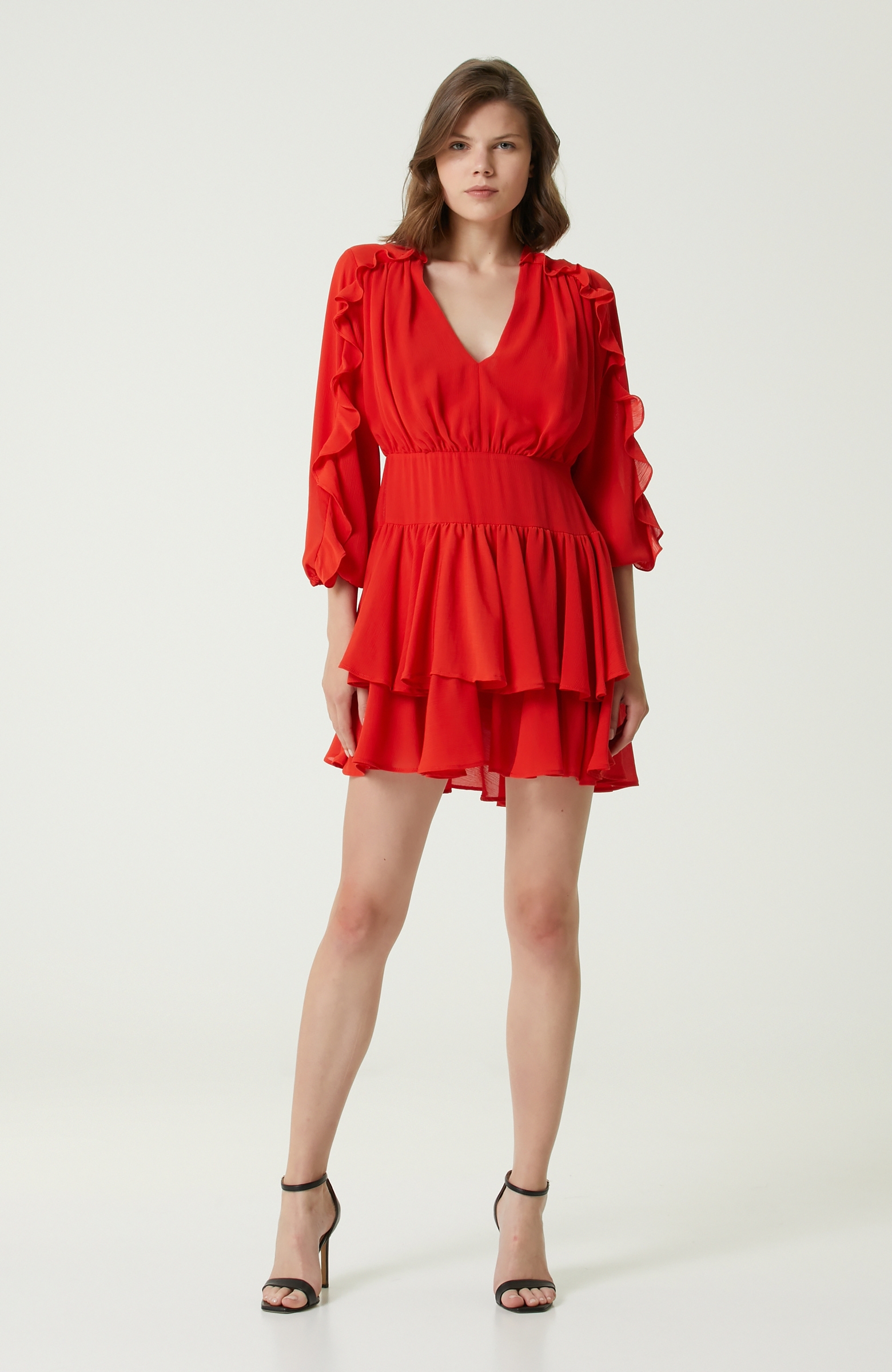 Kırmızı Fırfır Detaylı Mini Elbise