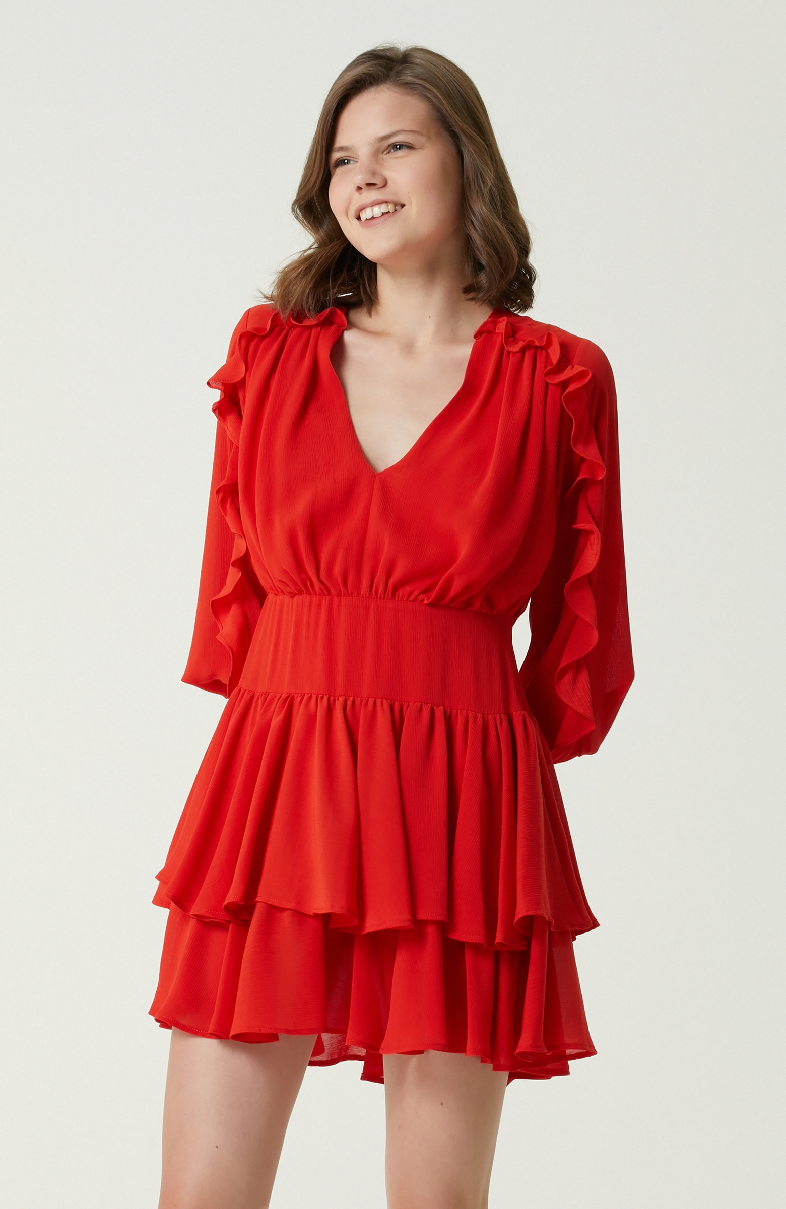 Kırmızı Fırfır Detaylı Mini Elbise