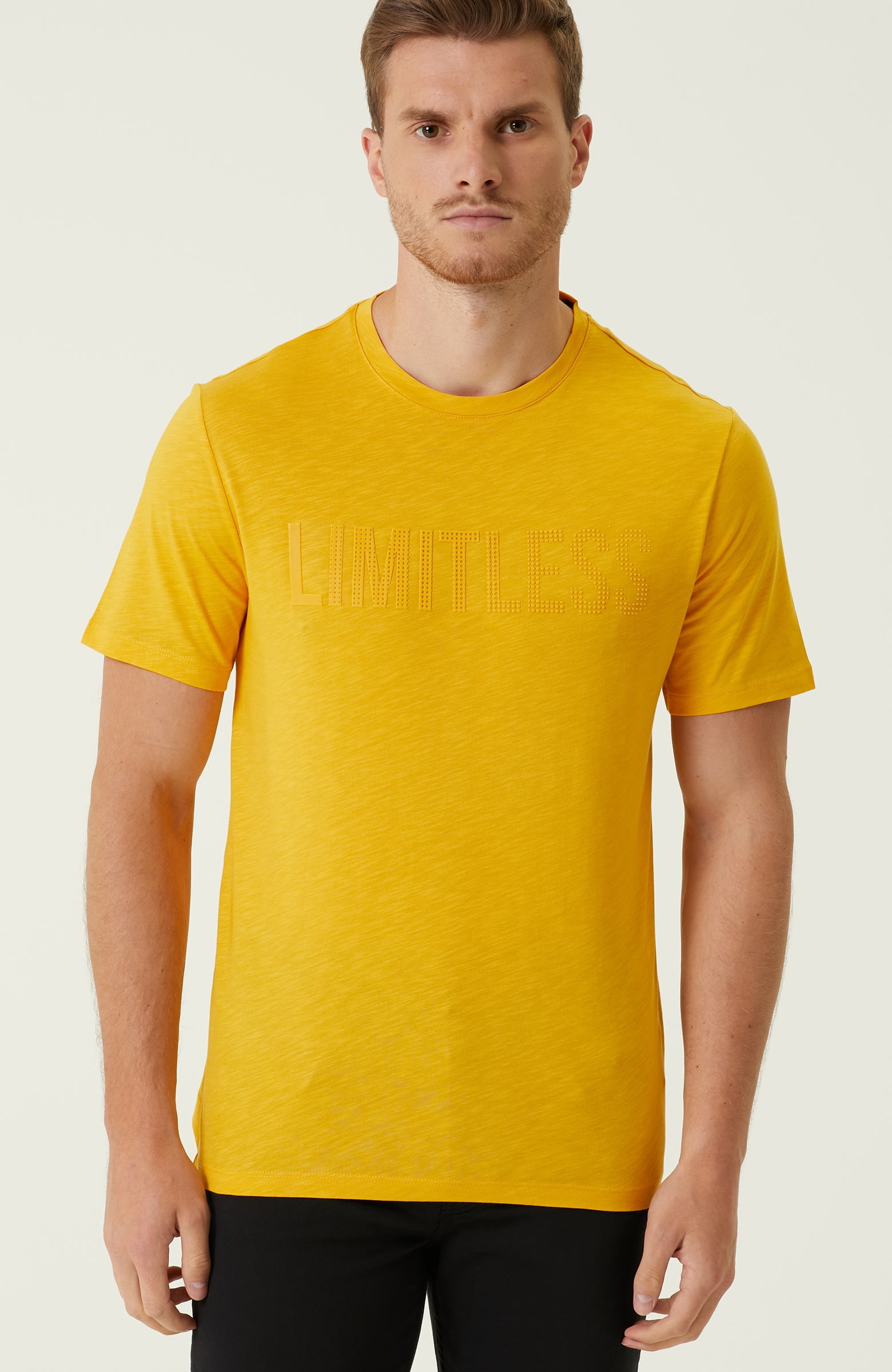 Slim Fit Sarı Bisiklet Yaka Baskılı T-shirt