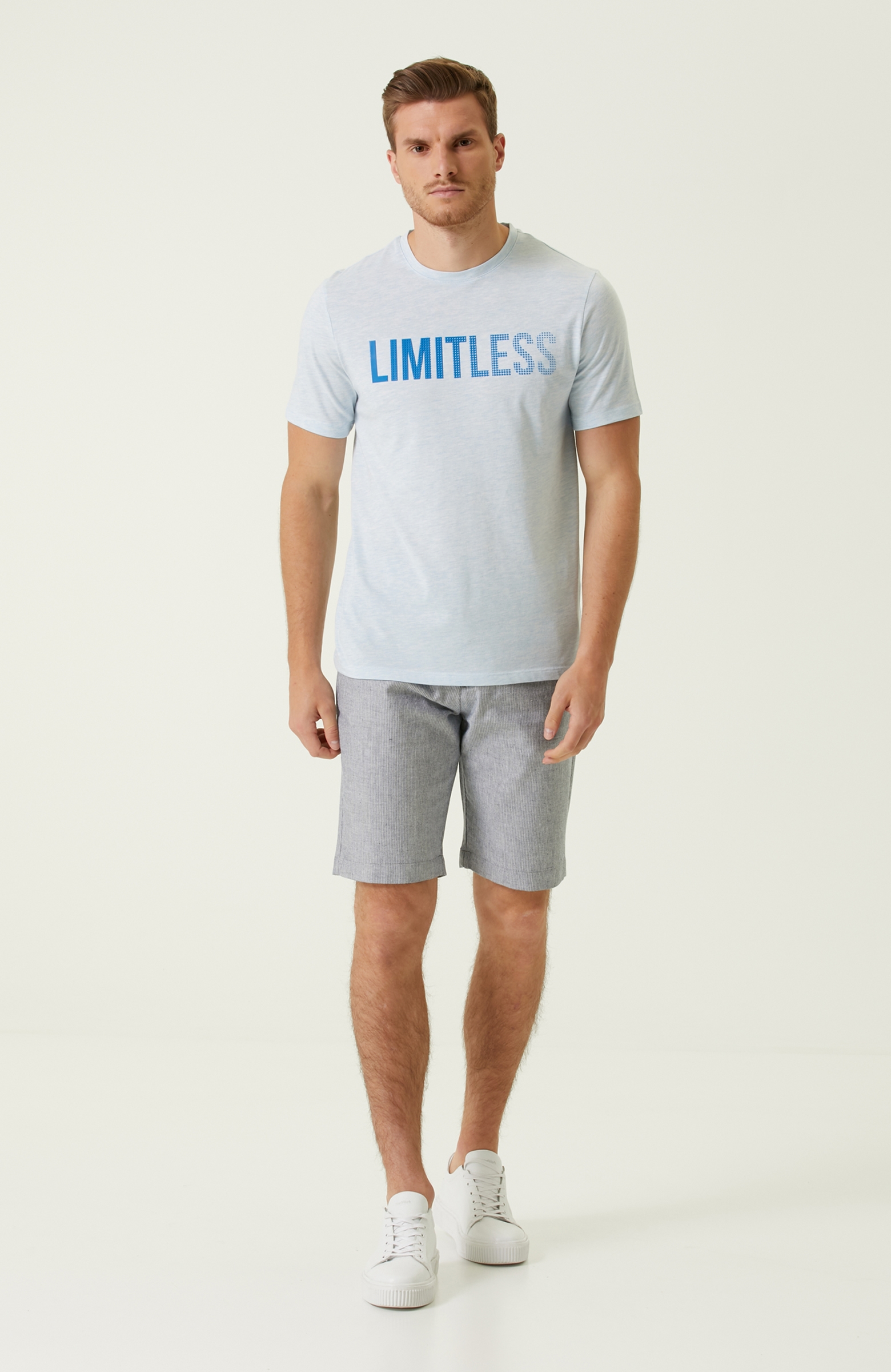 Slim Fit Mavi Melanj Baskılı T-shirt