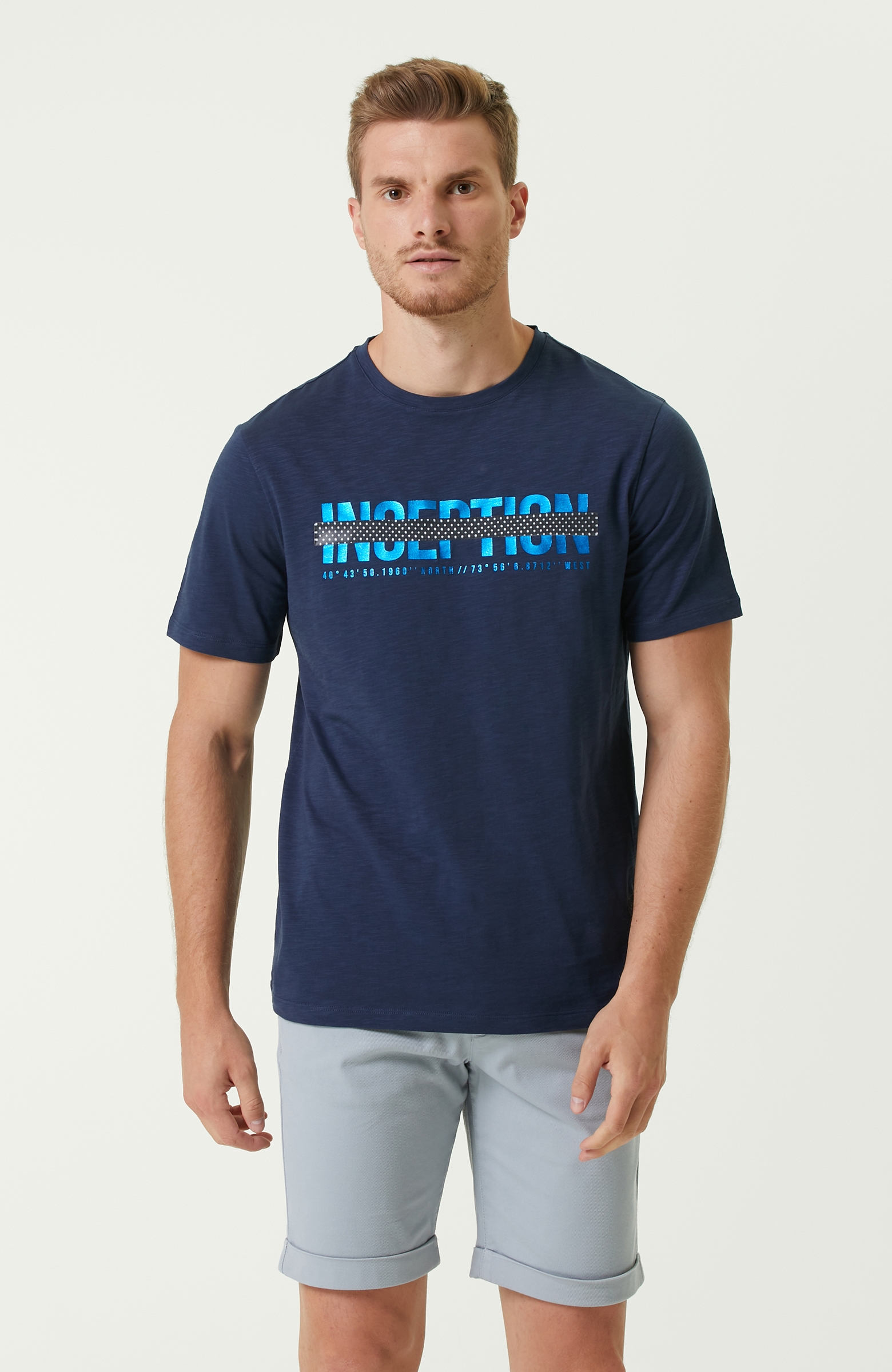 Slim Fit Lacivert Baskılı T-shirt