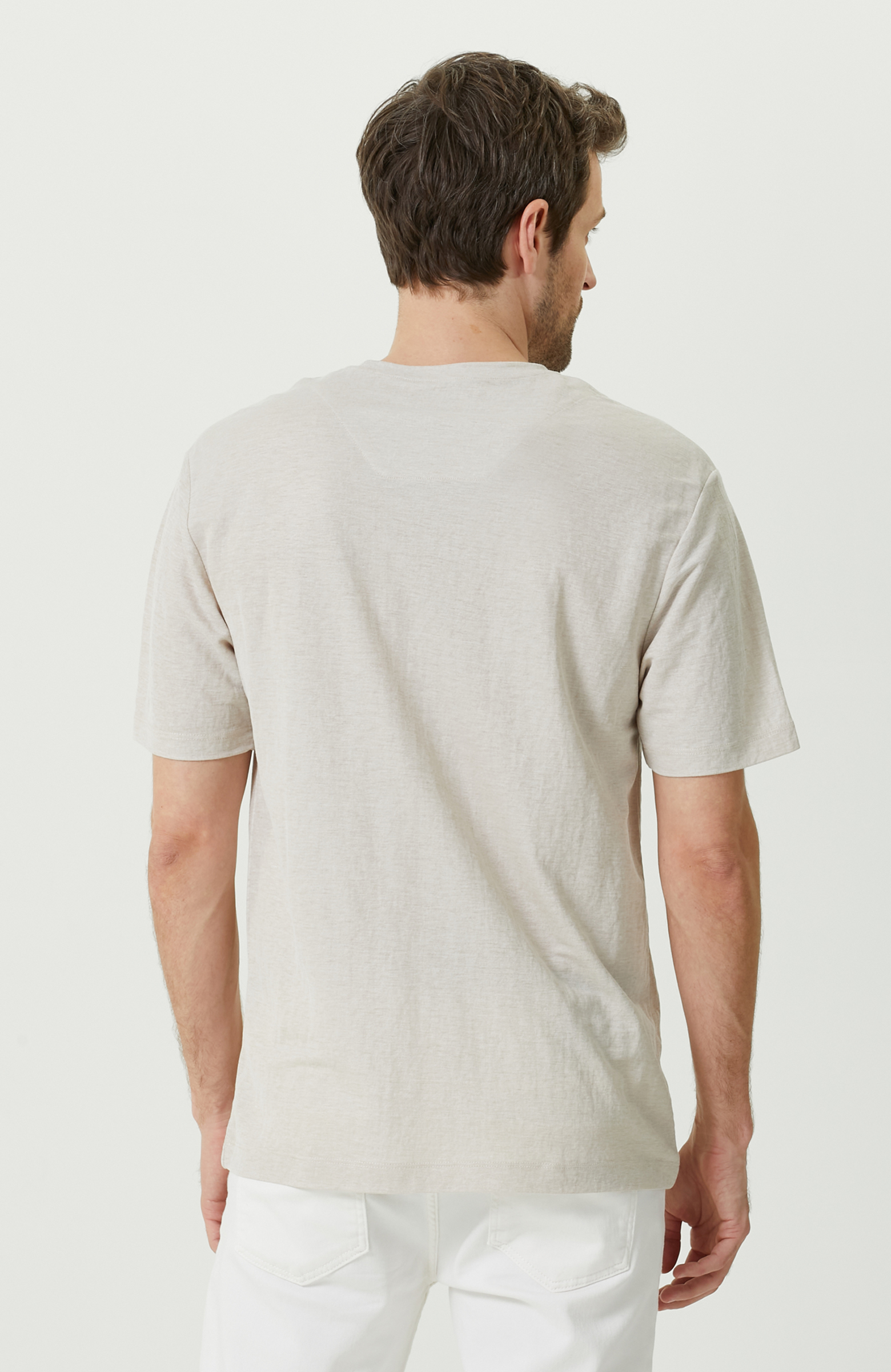 Bej Kısa Kollu Bisiklet Yaka T-Shirt