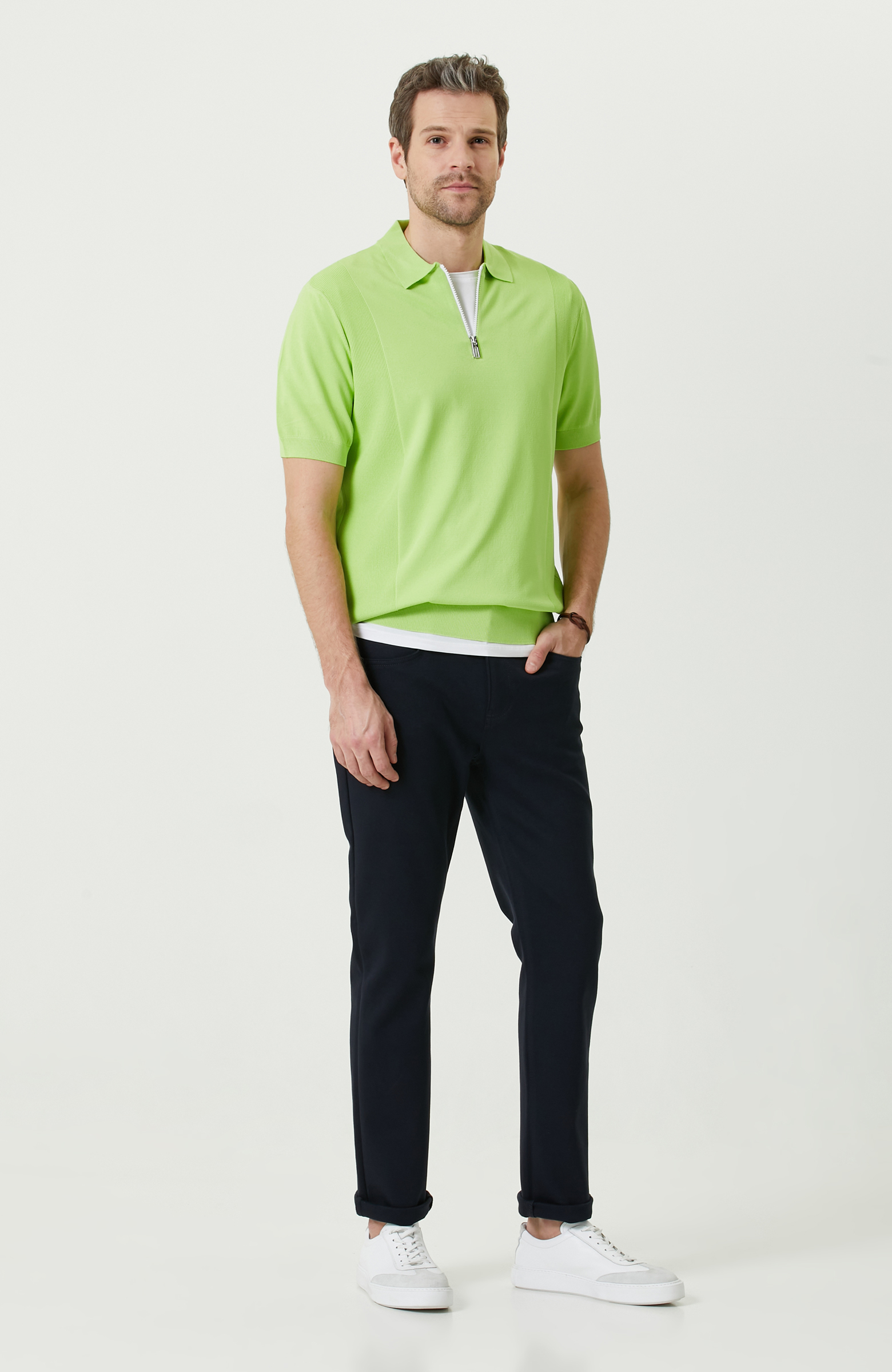 N-Tech Yeşil Polo Yaka Fermuarlı Kazak