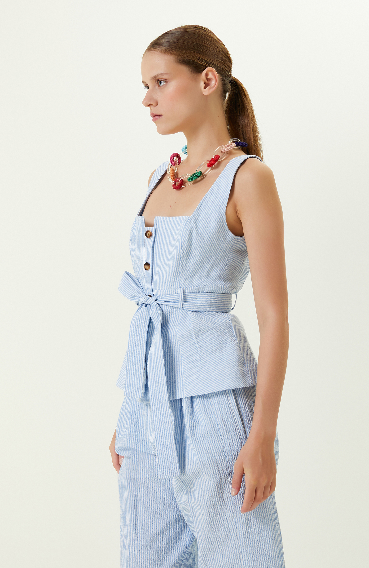 Mavi Beyaz Çizgili Bluz