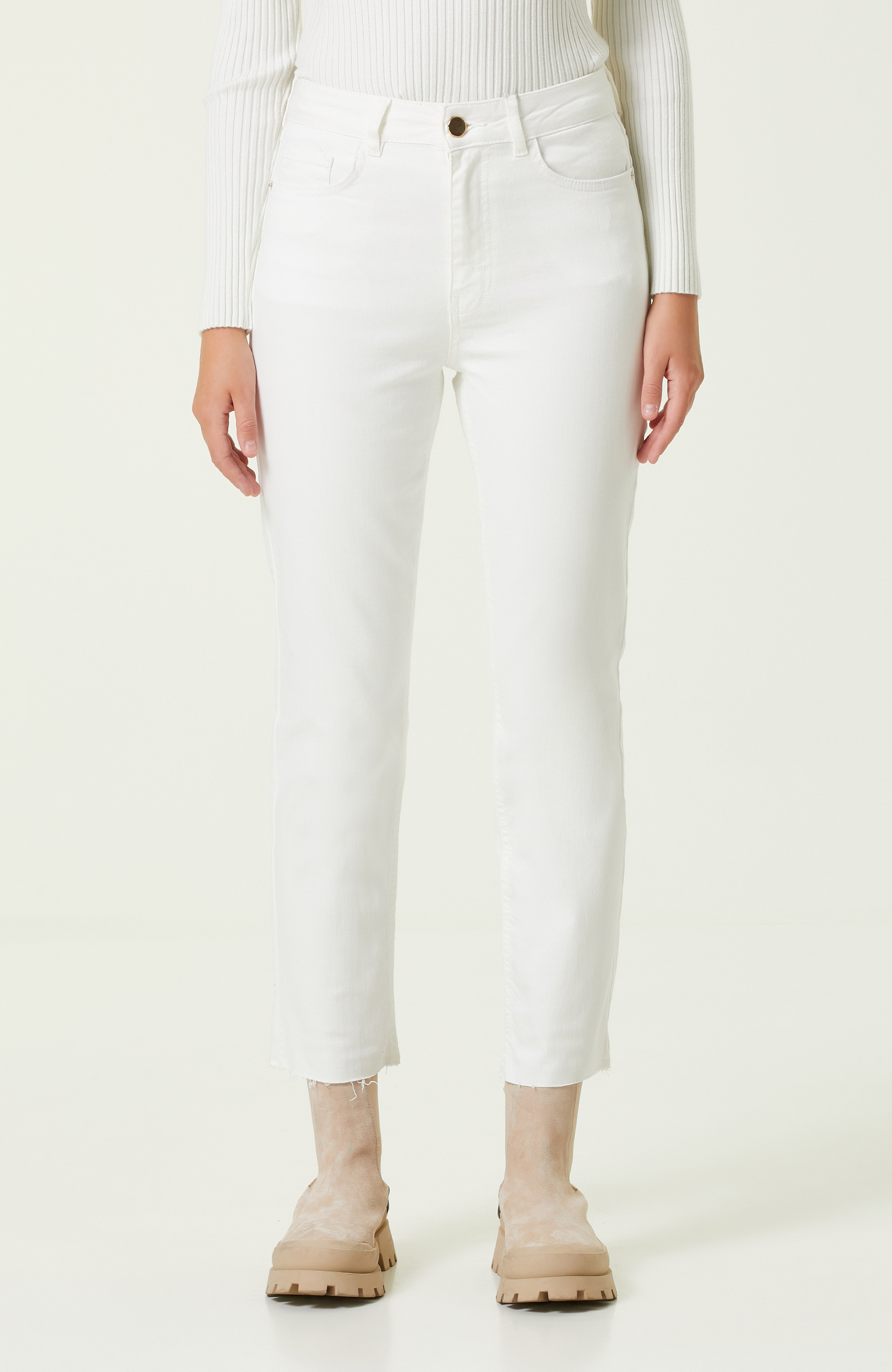 Beyaz Yüksek Bel Denim Pantolon