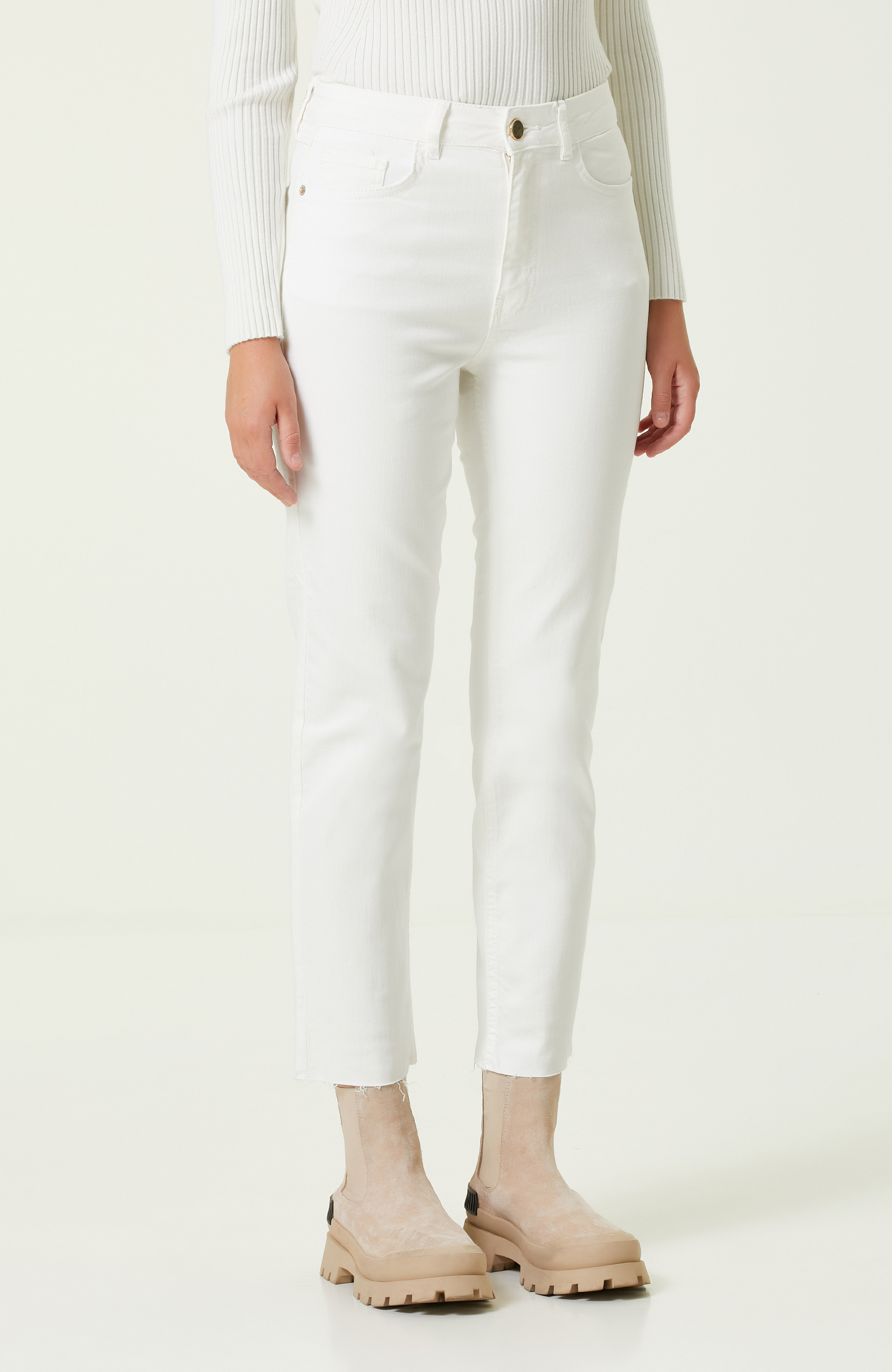 Beyaz Yüksek Bel Denim Pantolon