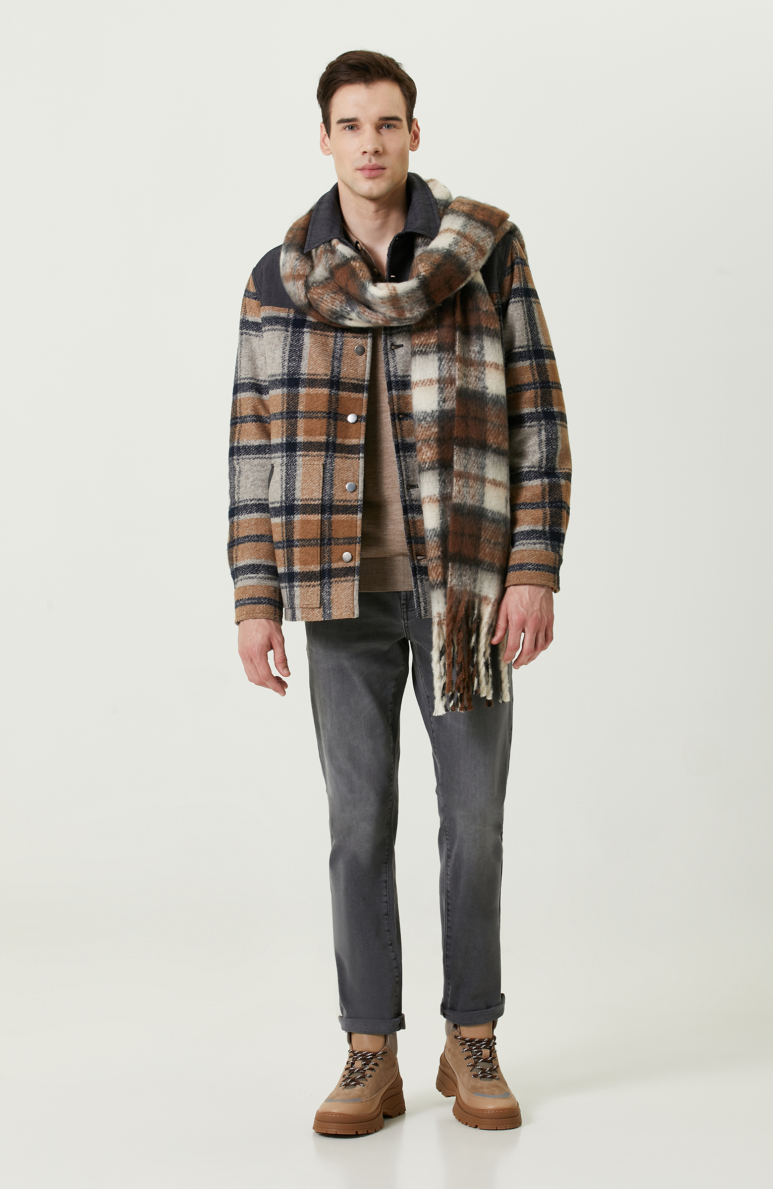 İndigo Gömlek Yaka Ekose Mont